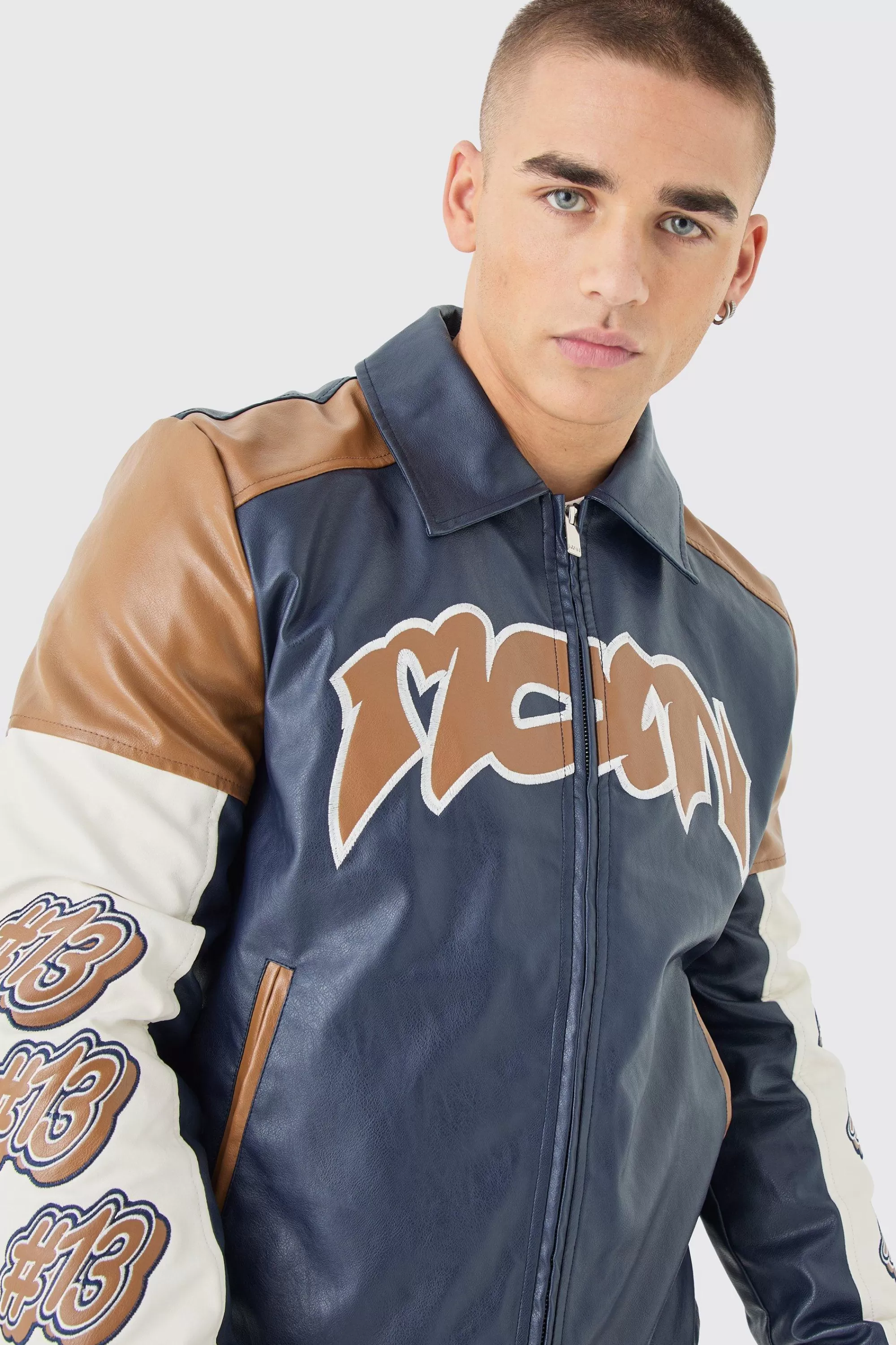 boohooMAN Badge Detail Colour Block Pu Varsity Jacket In | UK