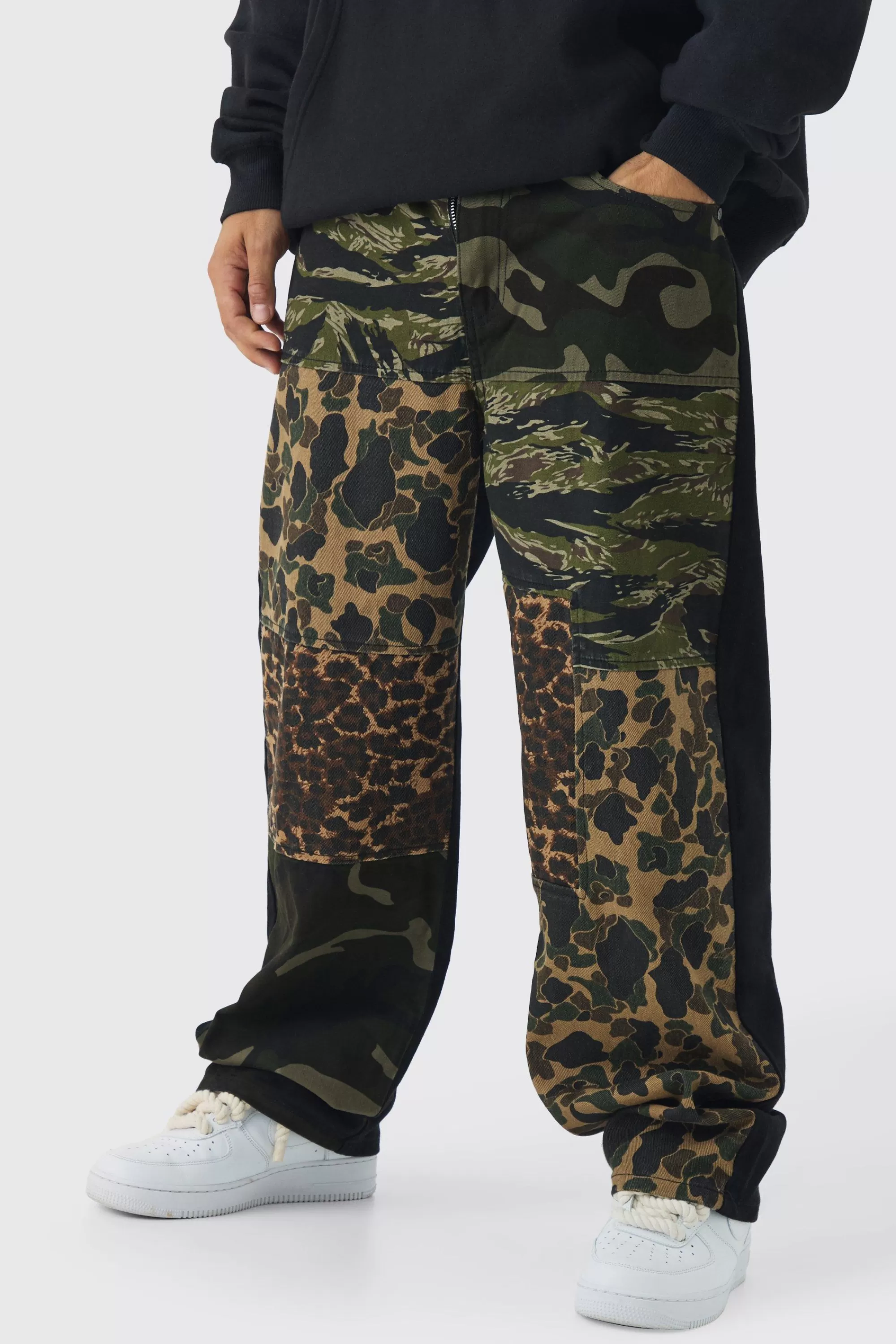 boohooMAN Baggy Camo & Leopard Patchwork Twill Trousers | UK