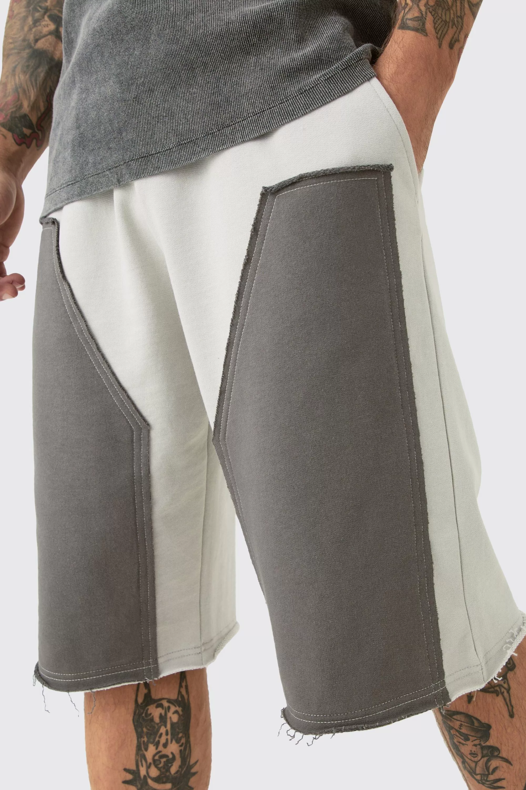 boohooMAN Baggy Carpenter Panel Frayed Edge Applique Jorts | UK