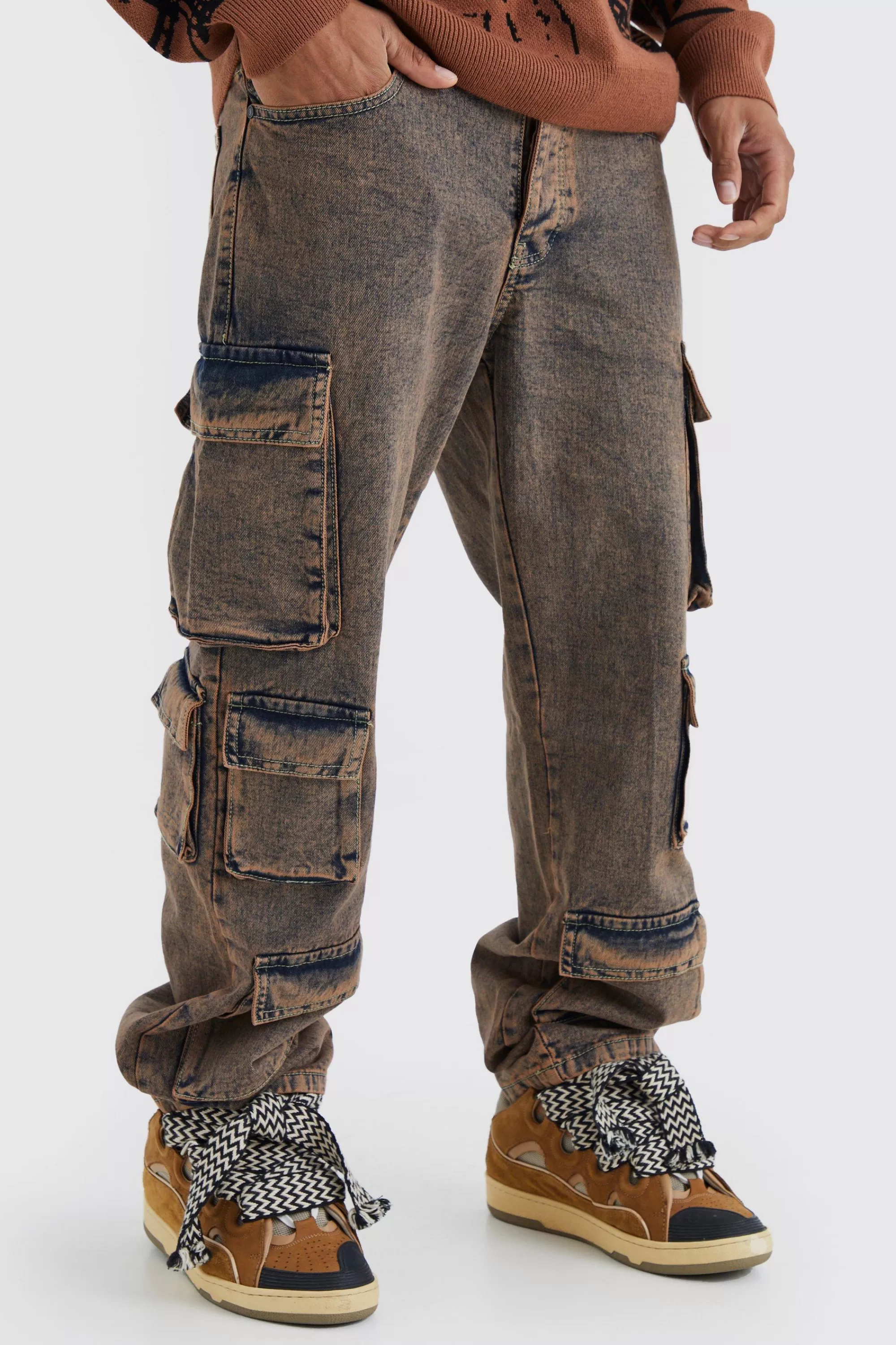 boohooMAN Baggy Fit Acid Wash Cargo Jeans | UK