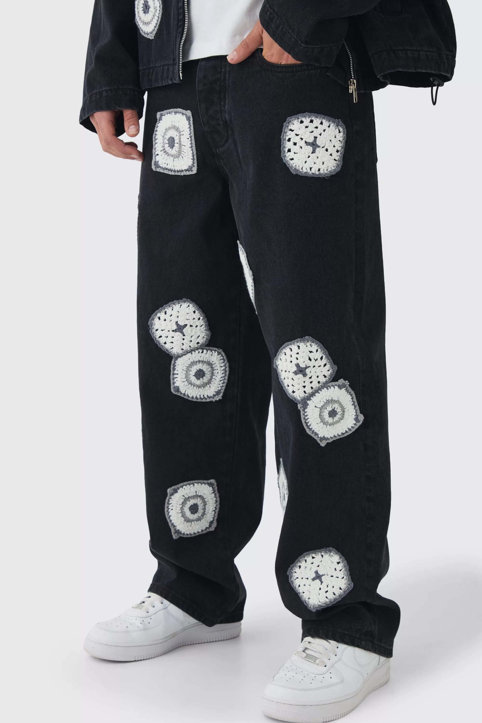 boohooMAN Baggy Fit Crochet Denim Jeans | UK