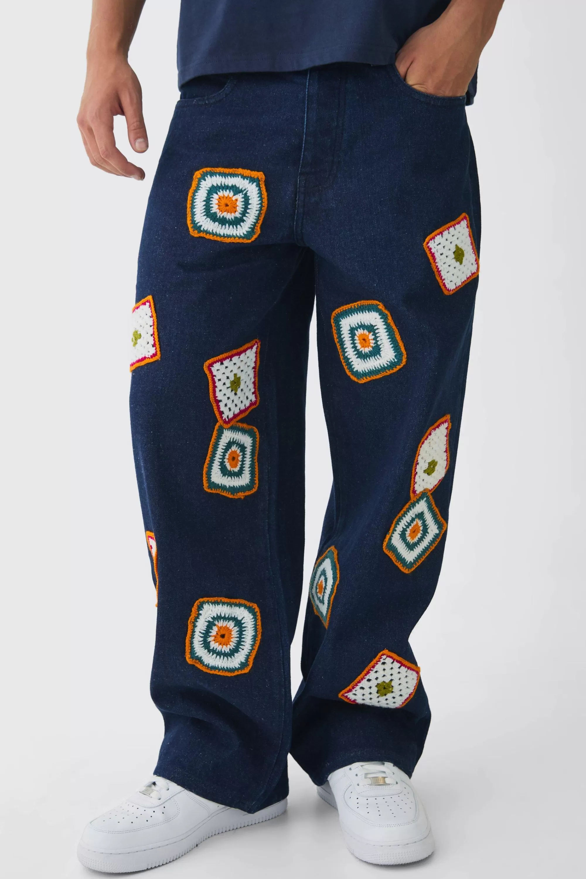 boohooMAN Baggy Fit Crochet Denim Jeans | UK