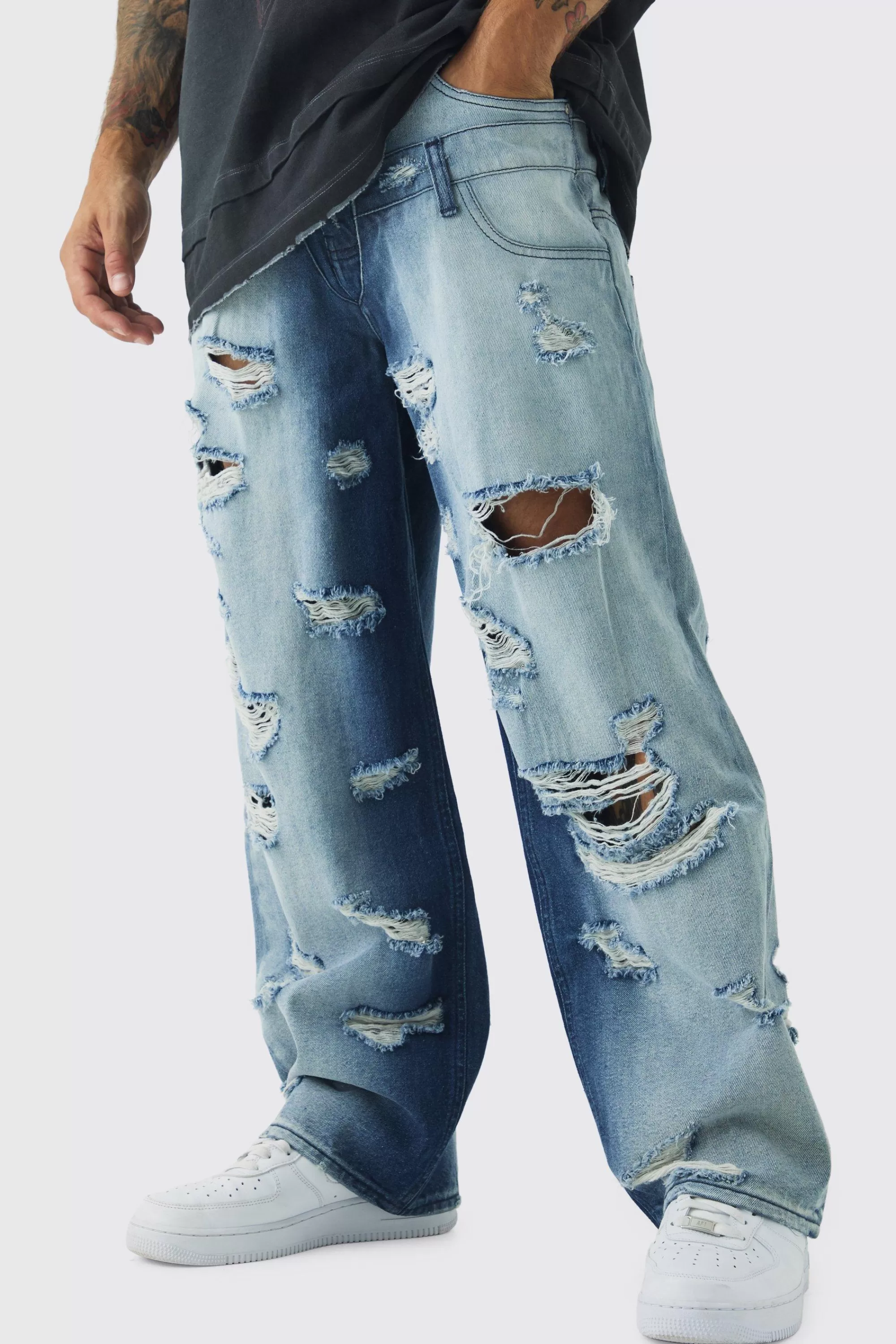 boohooMAN Baggy Fit Double Boxer Waistband All Over Ripped Jeans | UK