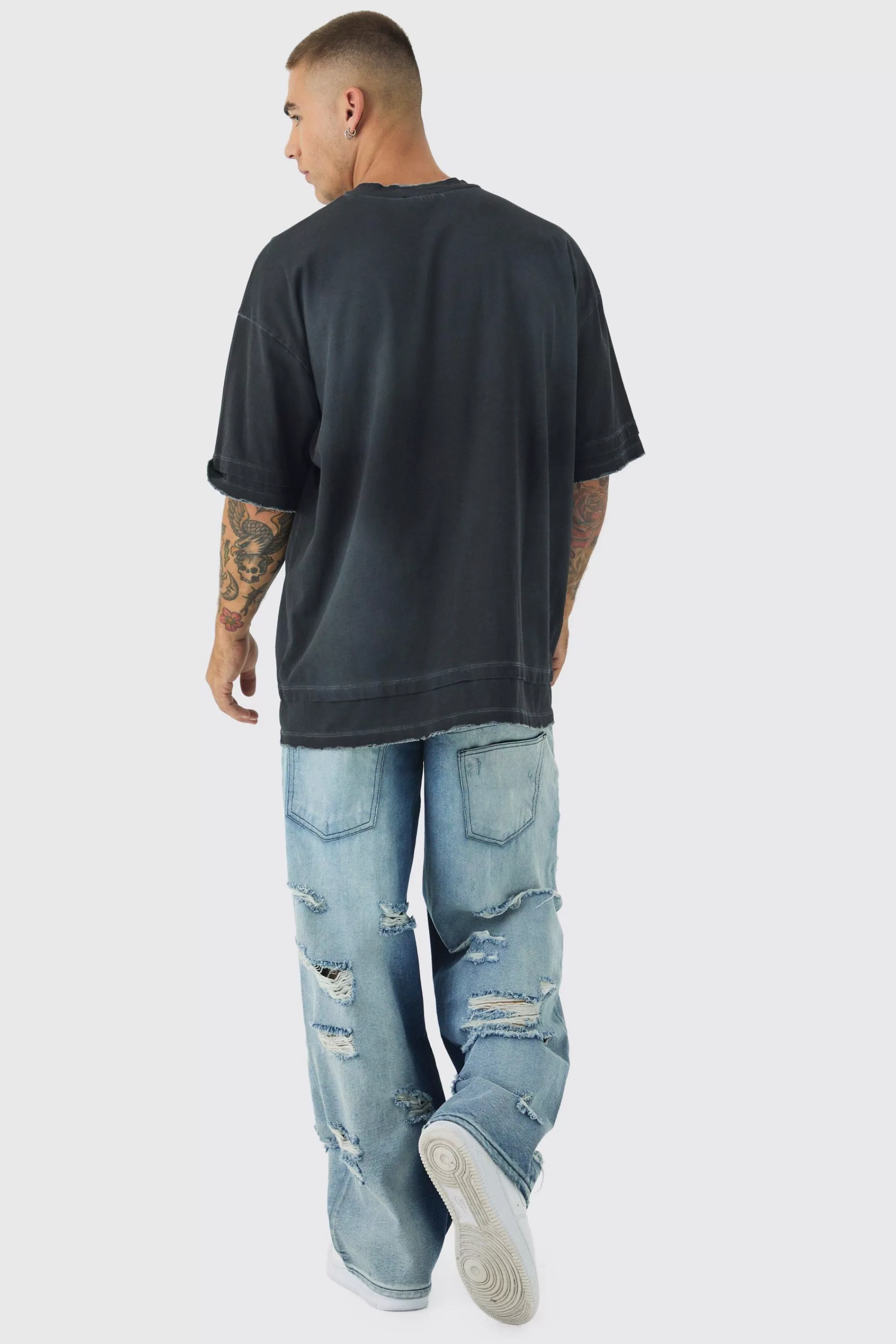 boohooMAN Baggy Fit Double Boxer Waistband All Over Ripped Jeans | UK