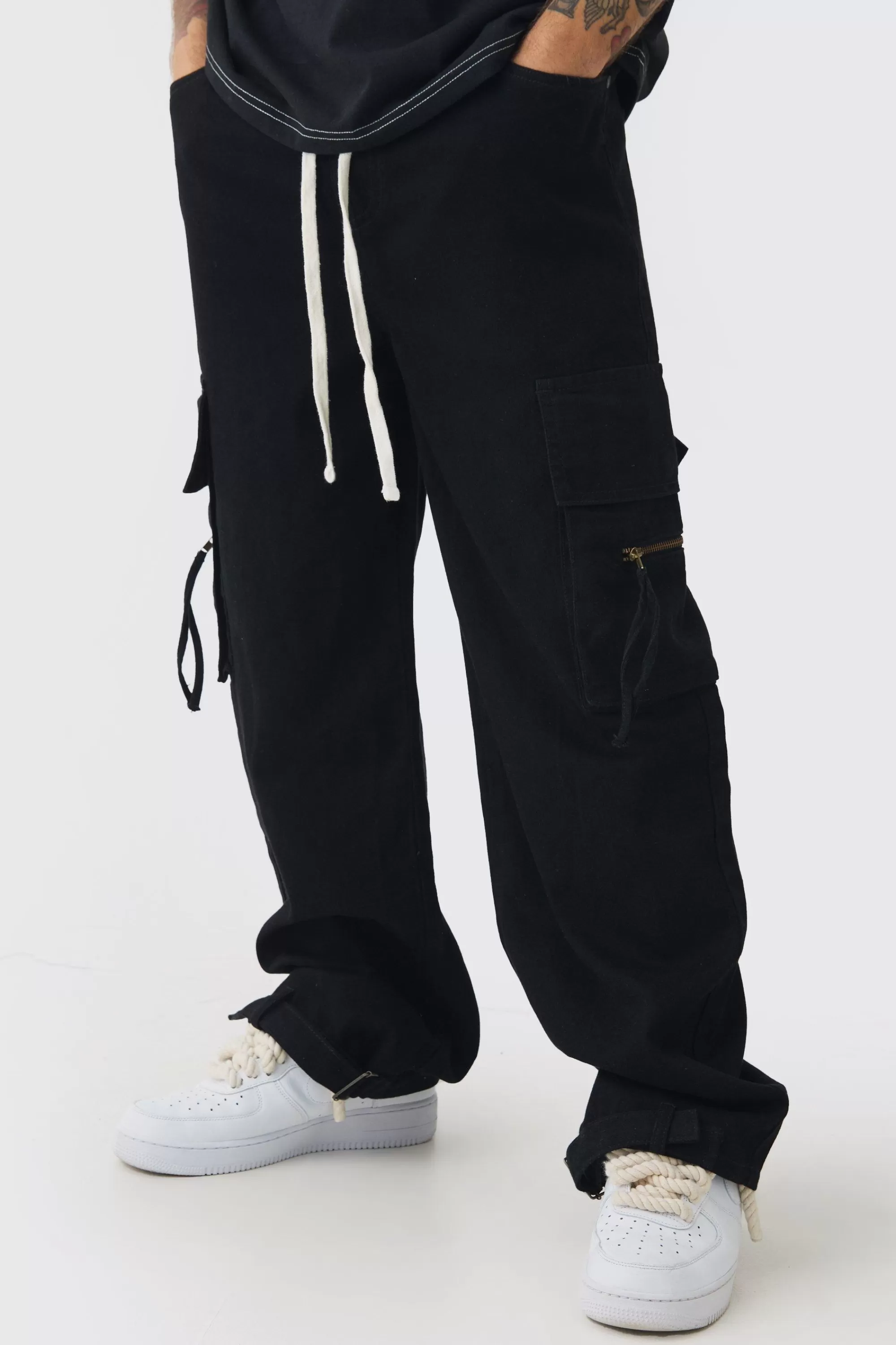 boohooMAN Baggy Fit Elasticated Waist Extended Drawcord Cargo Trousers | UK