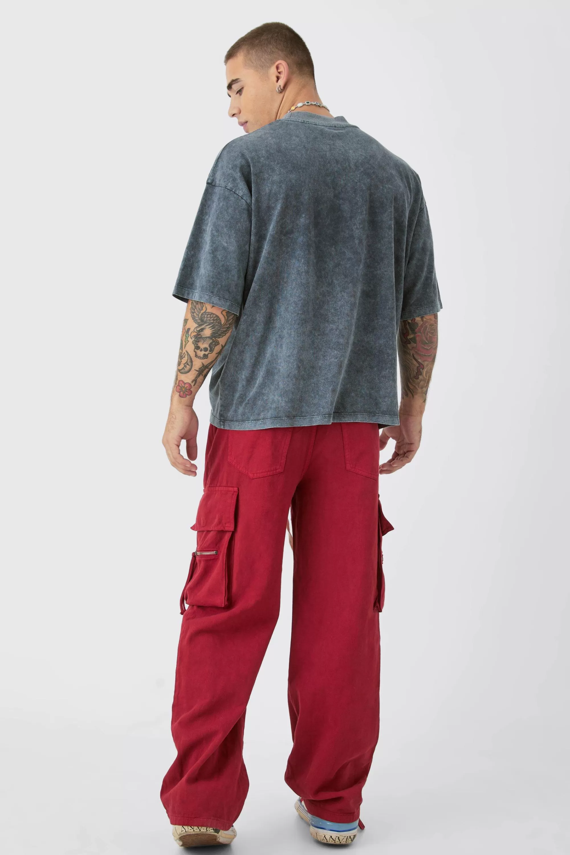 boohooMAN Baggy Fit Elasticated Waist Extended Drawcord Cargo Trousers | UK