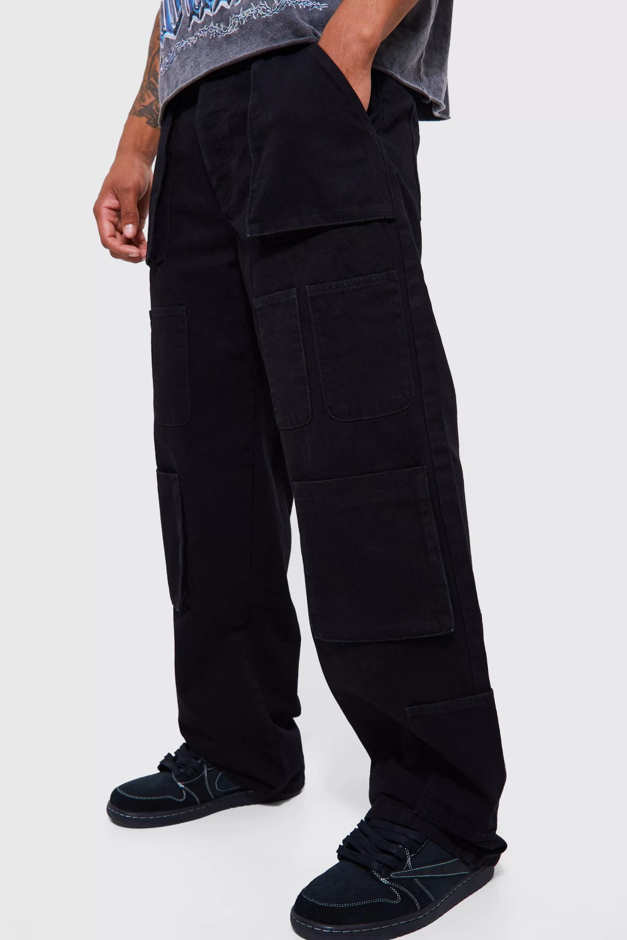 boohooMAN Baggy Fit Multi Cargo Pocket Jeans | UK