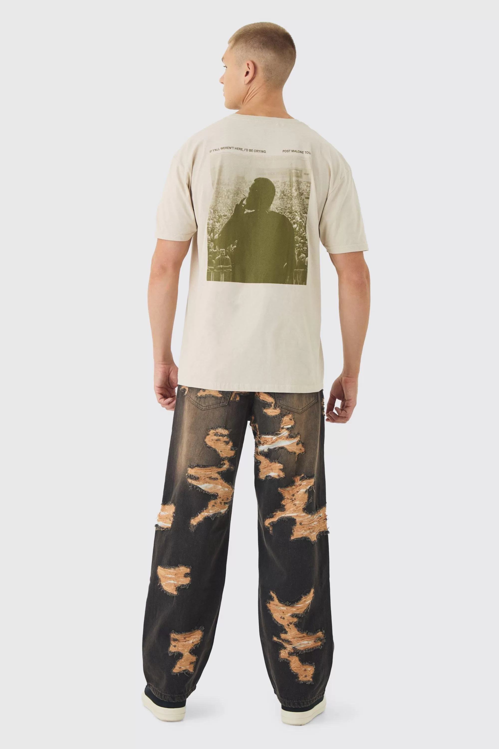 boohooMAN Baggy Fit Rigid All Over Ripped Jeans | UK