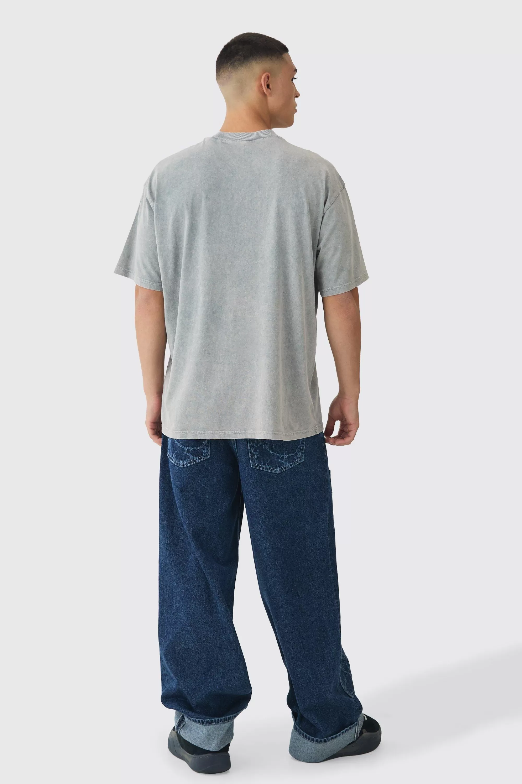 boohooMAN Baggy Fit Rigid Barbed Wire Laser Print Carpenter Jeans | UK