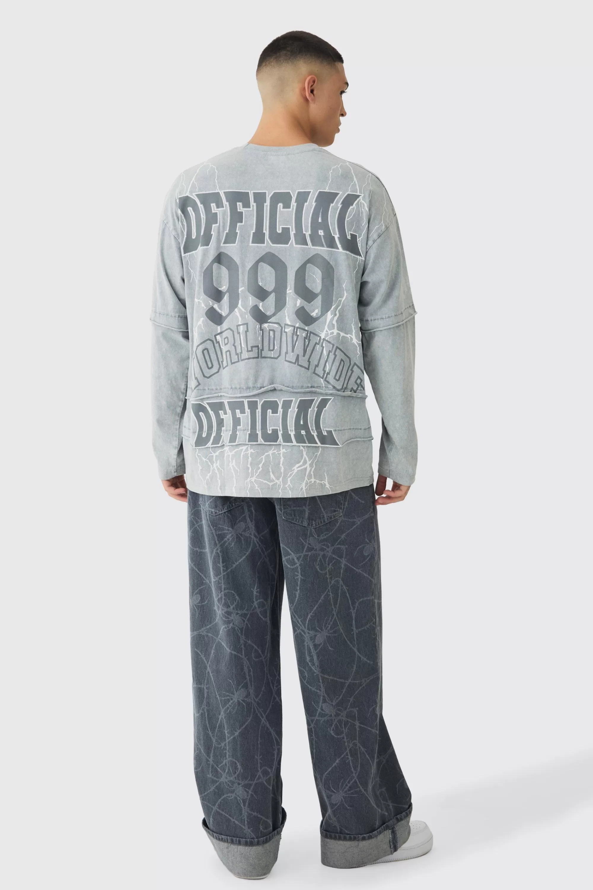 boohooMAN Baggy Fit Rigid Barbed Wire Laser Print Jeans | UK