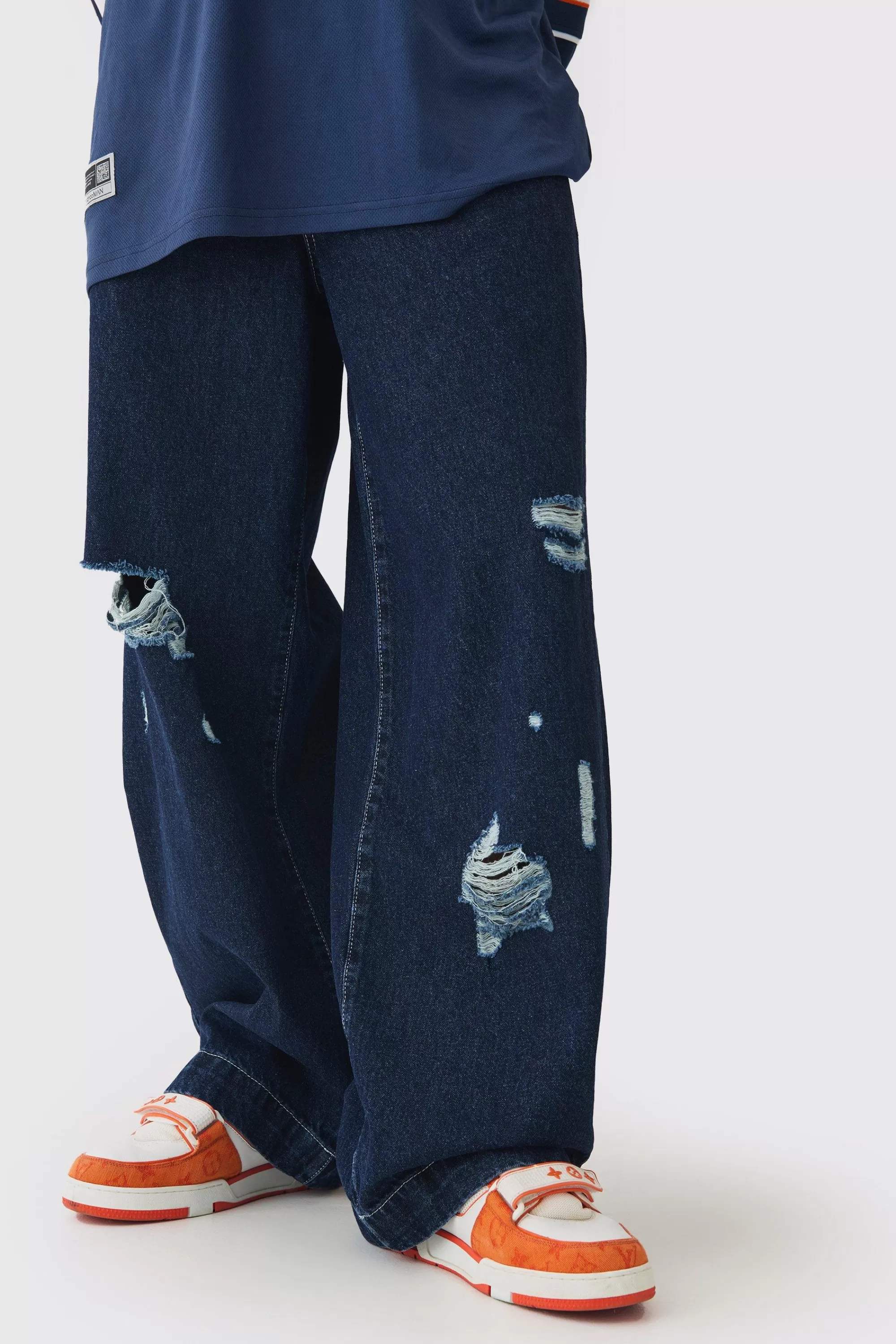 boohooMAN Baggy Fit Rigid Ripped Jeans | UK