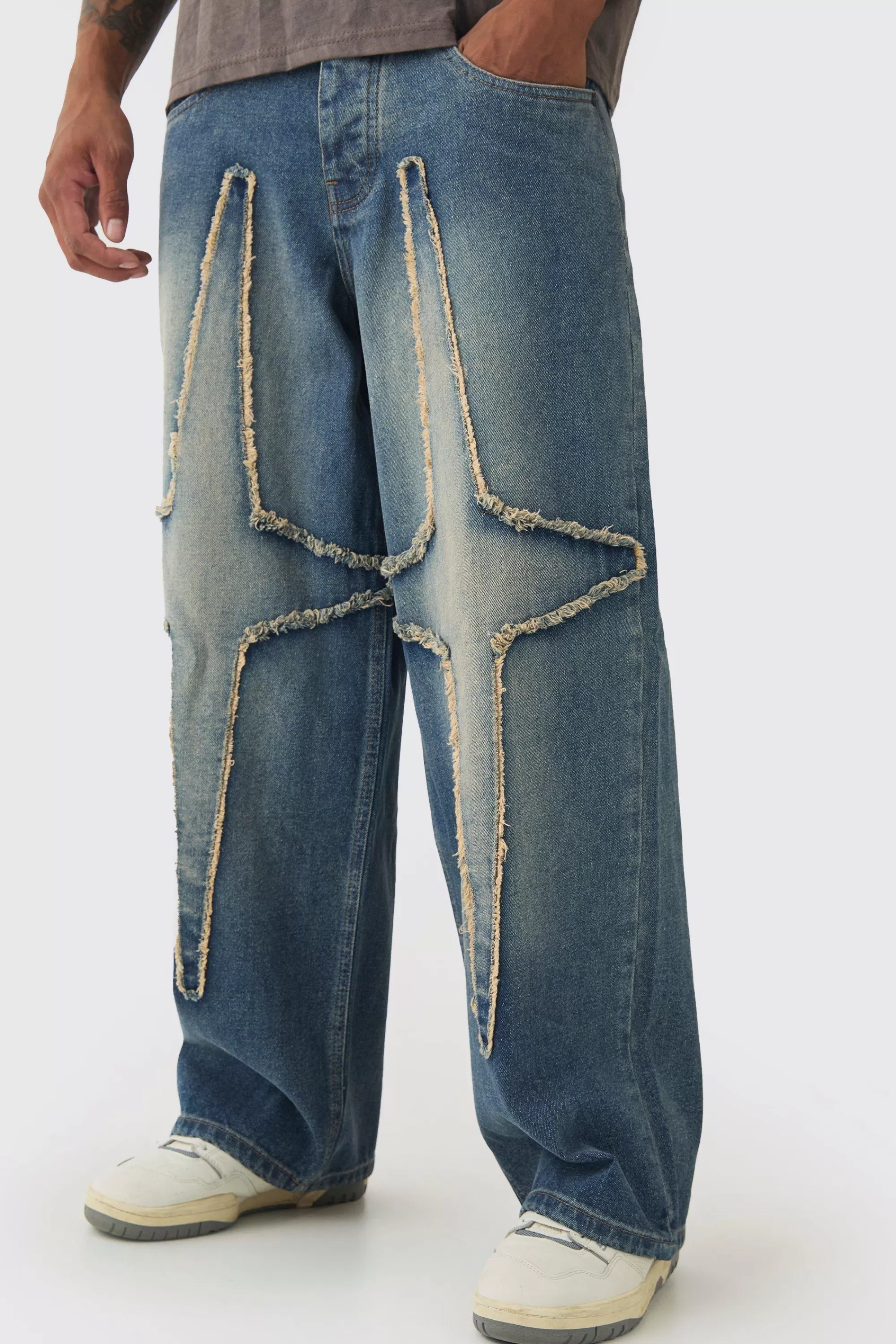 boohooMAN Baggy Fit Rigid Large Distressed Star Jeans | UK