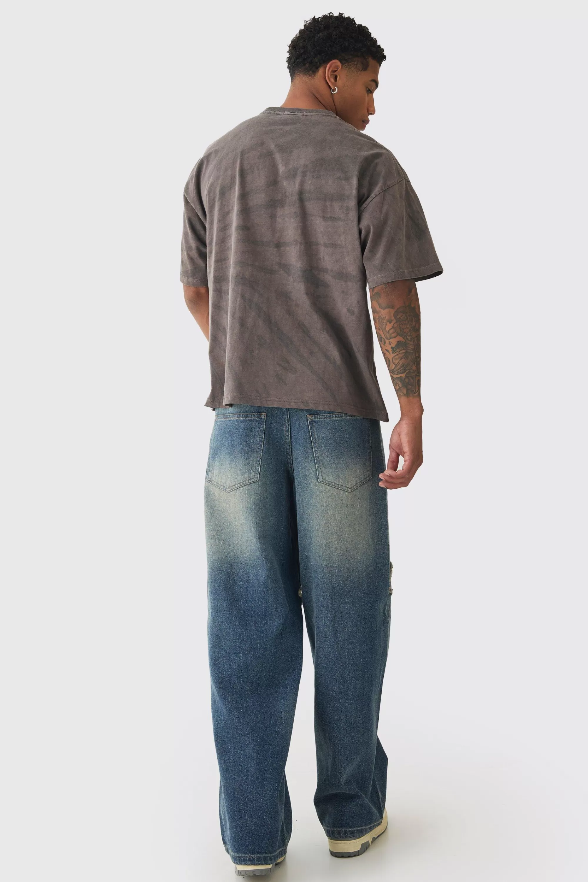 boohooMAN Baggy Fit Rigid Large Distressed Star Jeans | UK