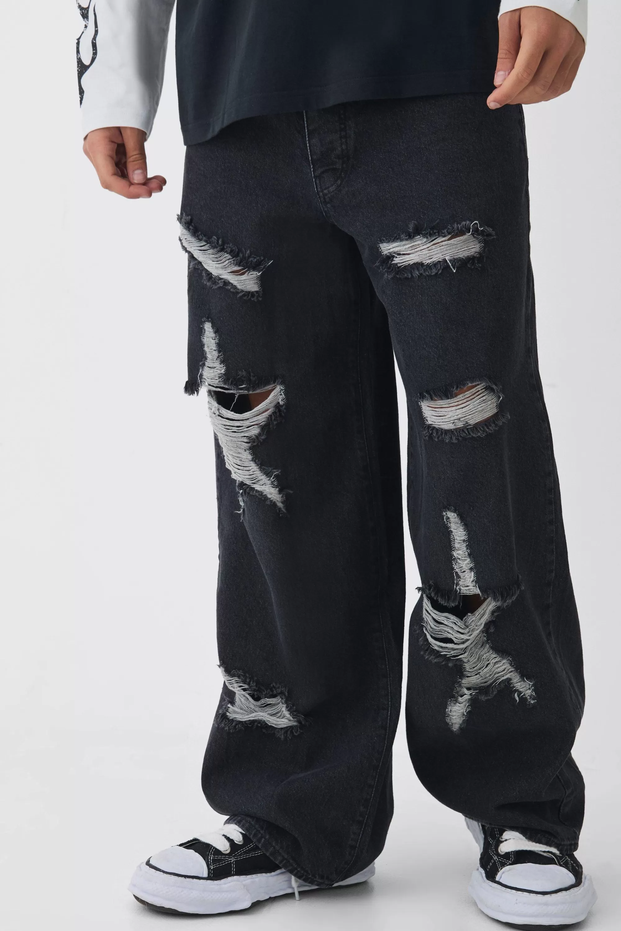 boohooMAN Baggy Fit Rigid Star Ripped Jeans | UK