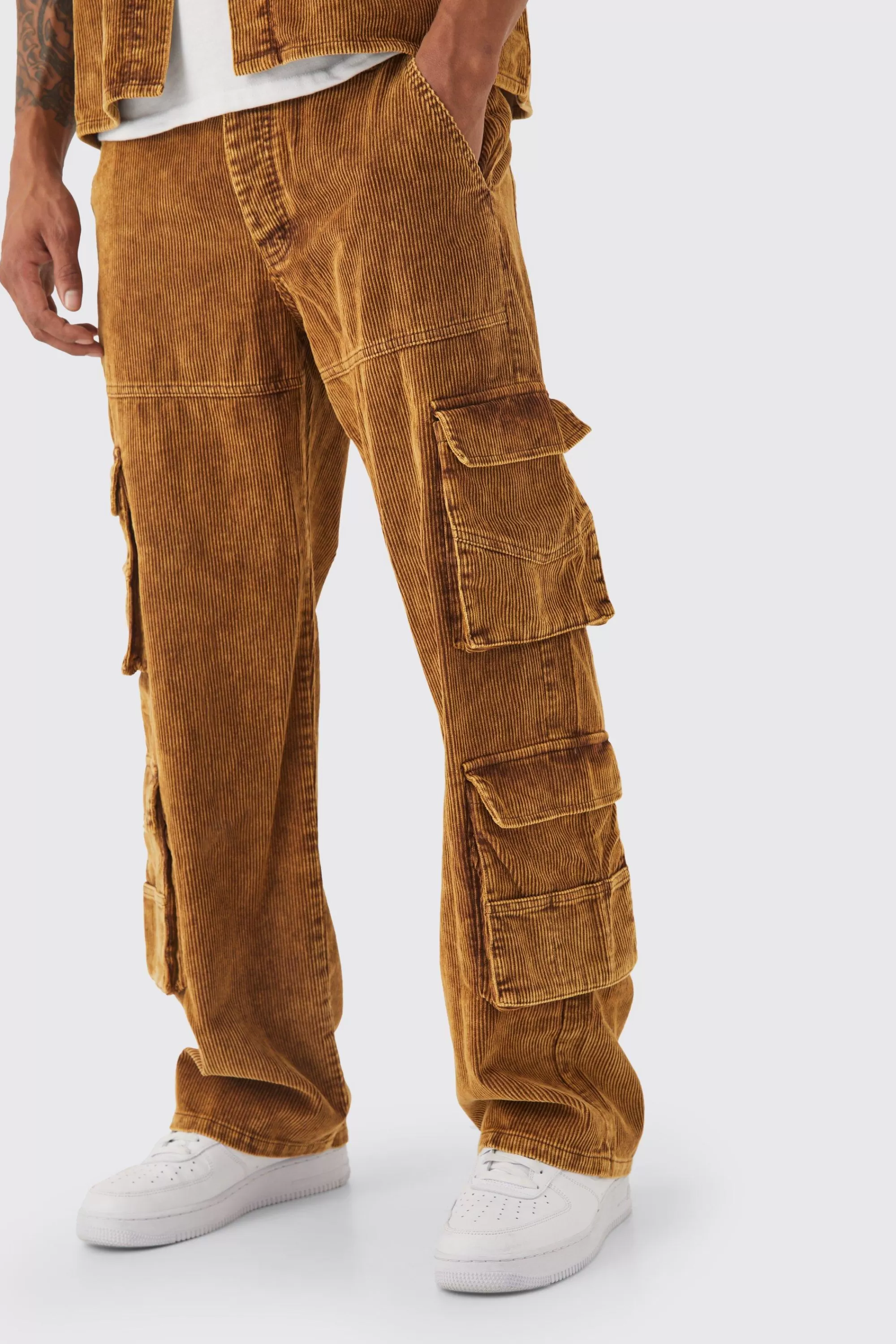 boohooMAN Baggy Multi Pocket Acid Wash Cord Cargo Trouser | UK