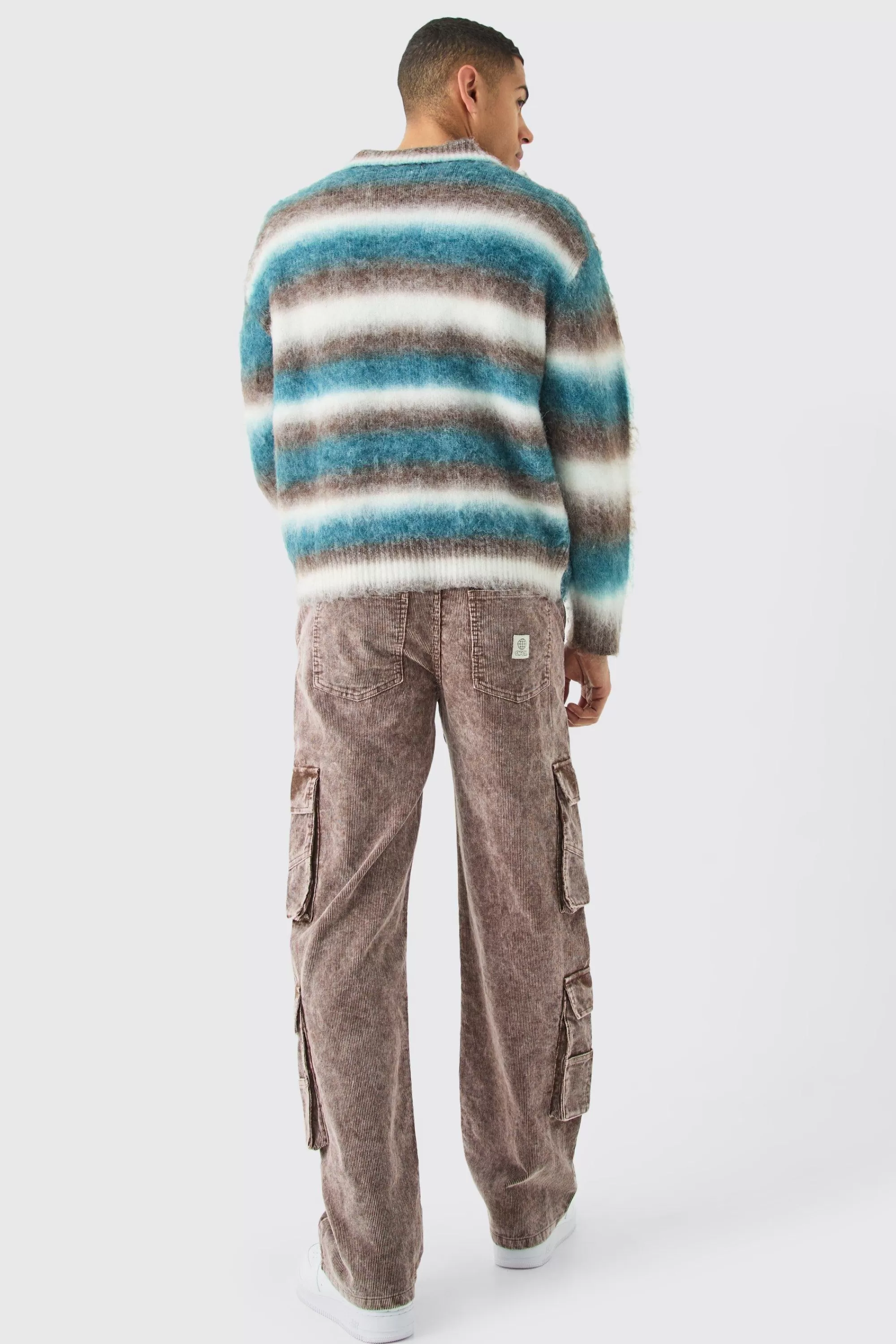boohooMAN Baggy Multi Pocket Acid Wash Cord Trouser In | UK
