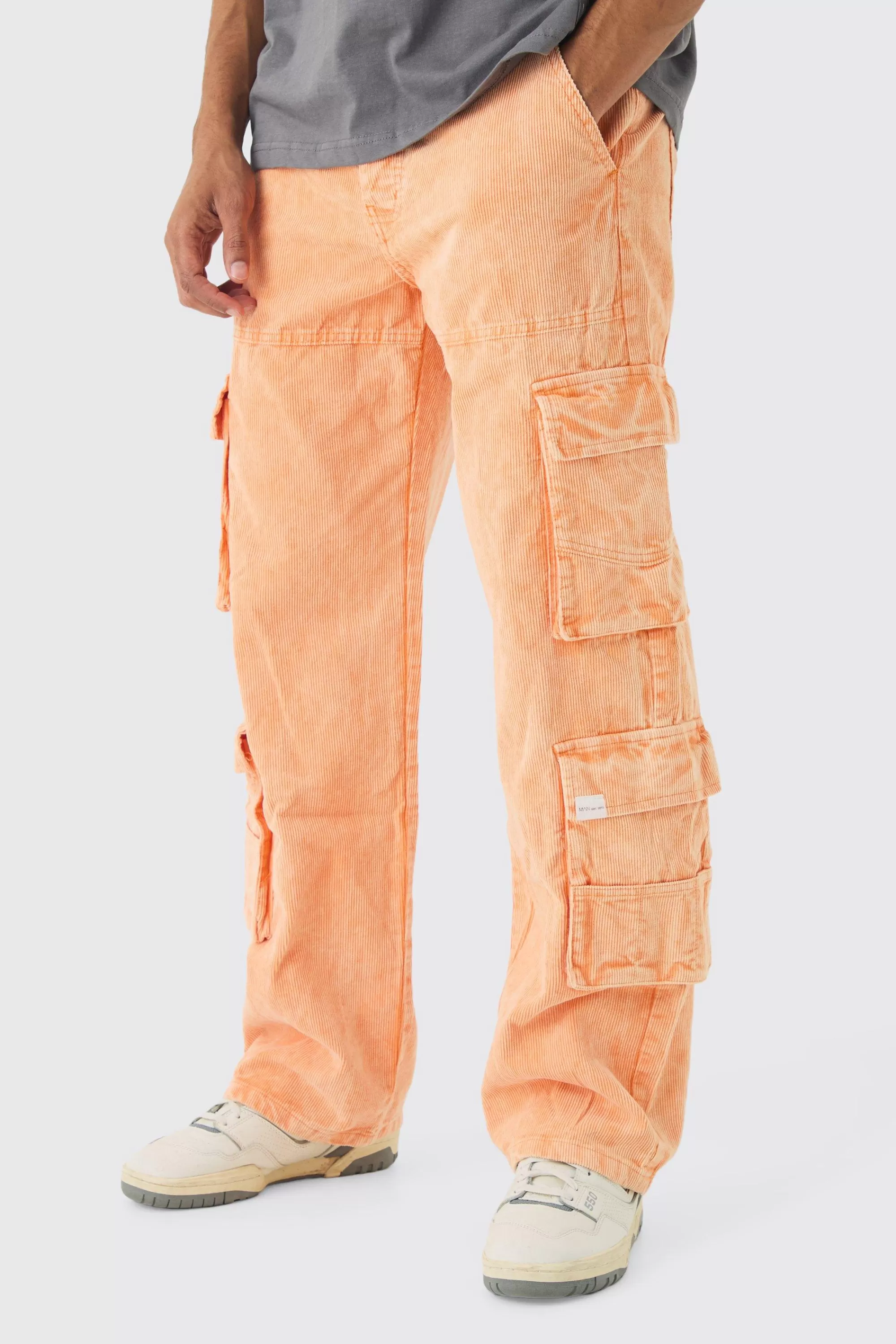 boohooMAN Baggy Multi Pocket Acid Wash Cord Trouser In | UK