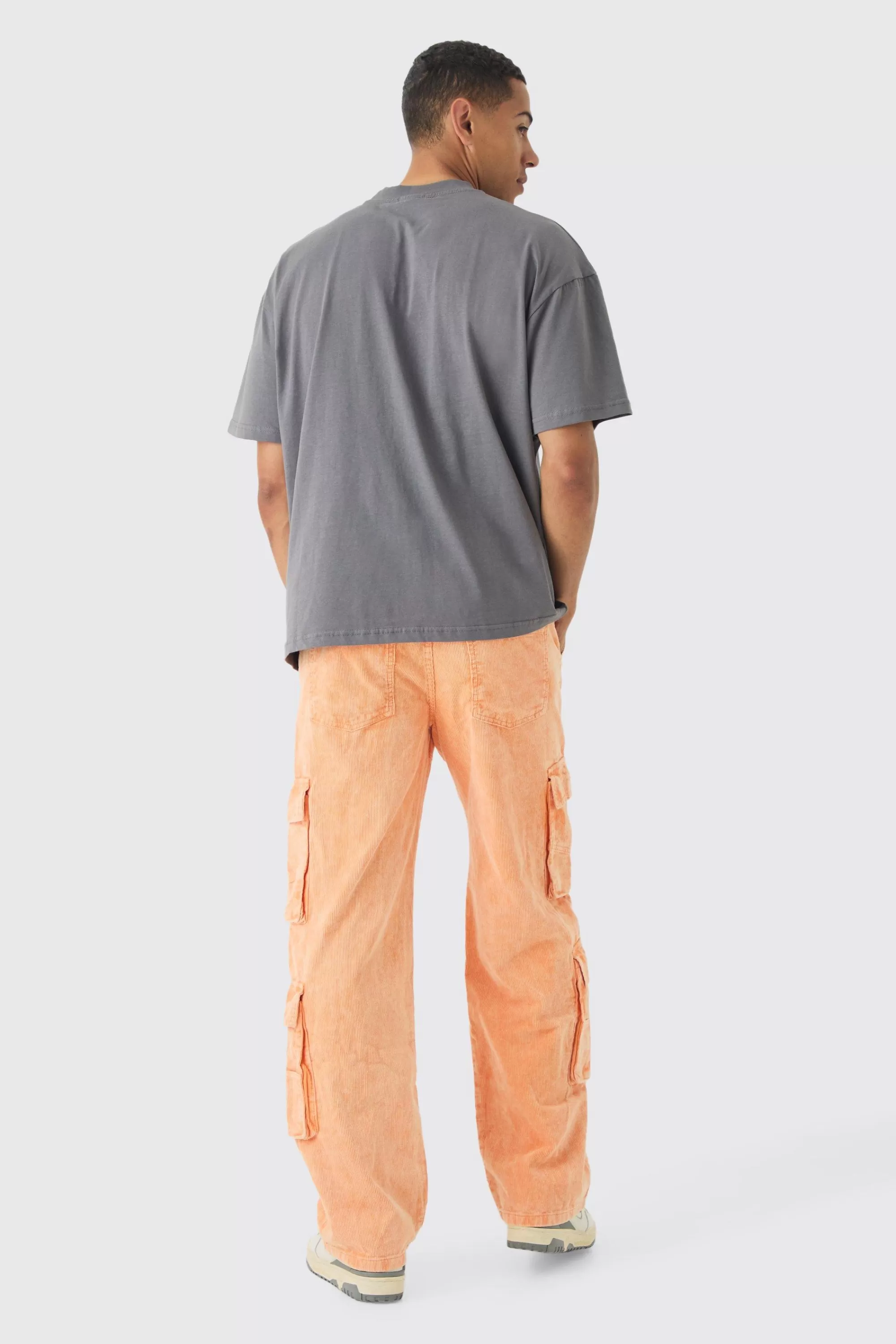 boohooMAN Baggy Multi Pocket Acid Wash Cord Trouser In | UK
