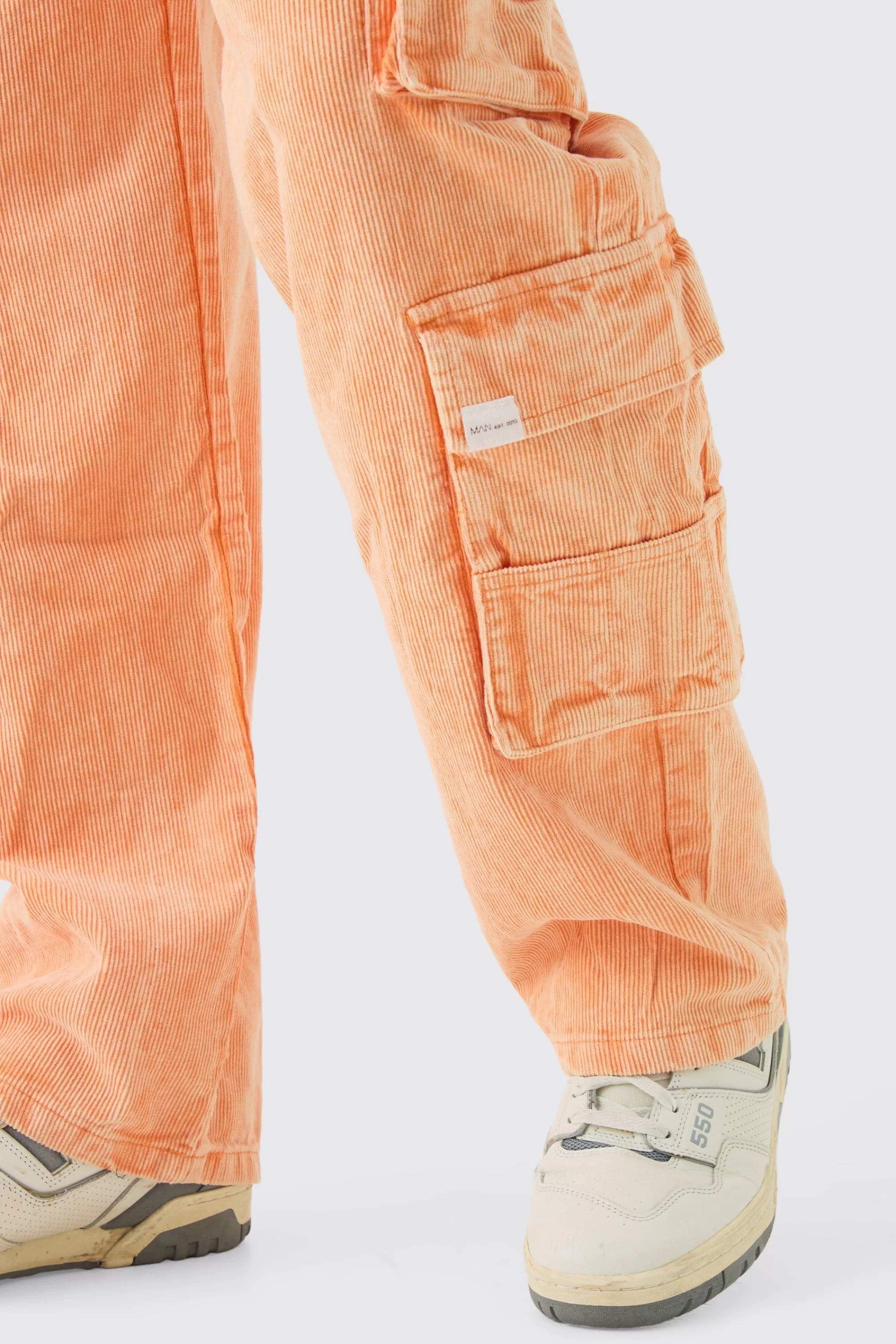 boohooMAN Baggy Multi Pocket Acid Wash Cord Trouser In | UK