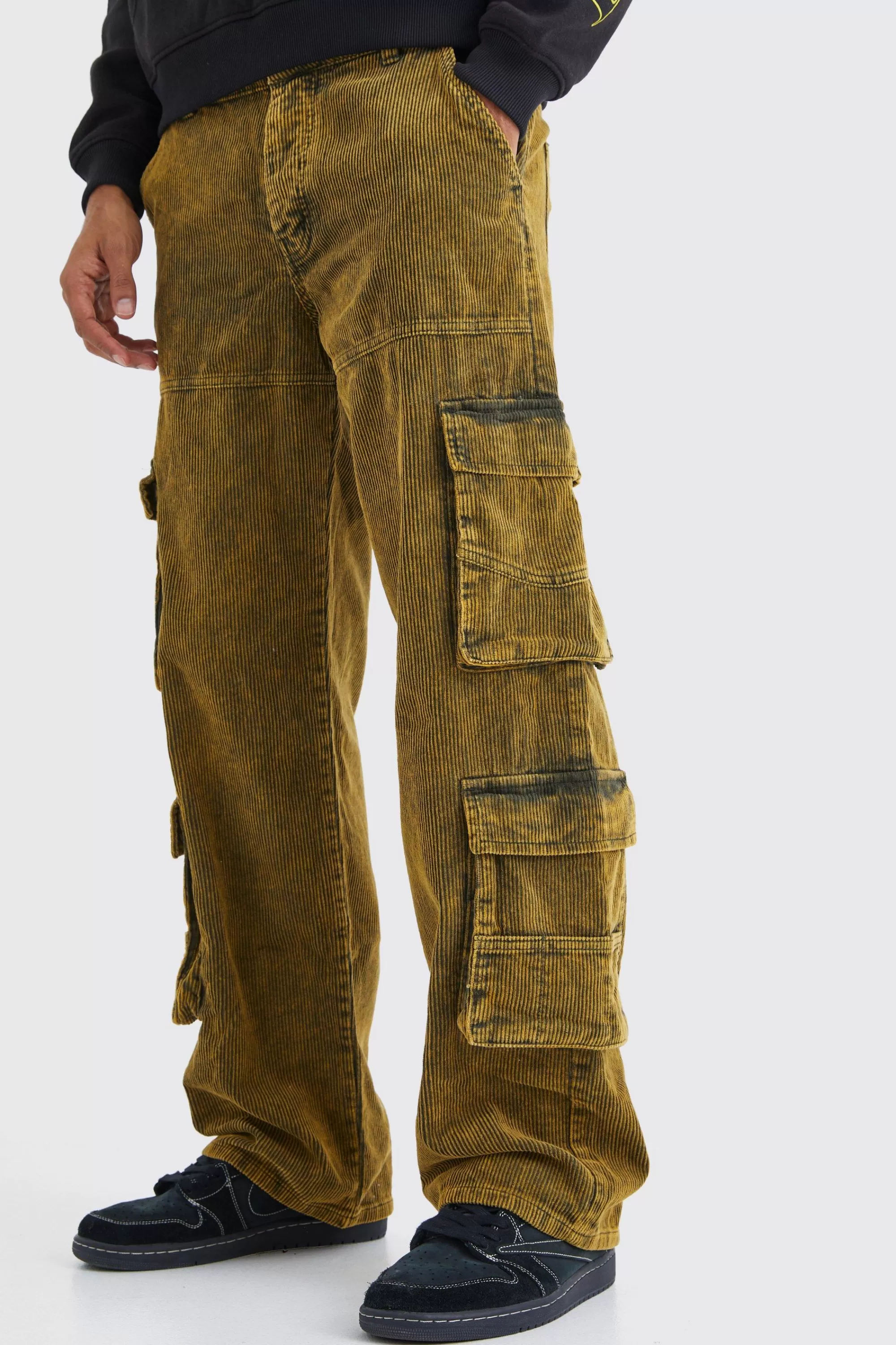 boohooMAN Baggy Multi Pocket Acid Wash Corduroy Cargo Trouser | UK