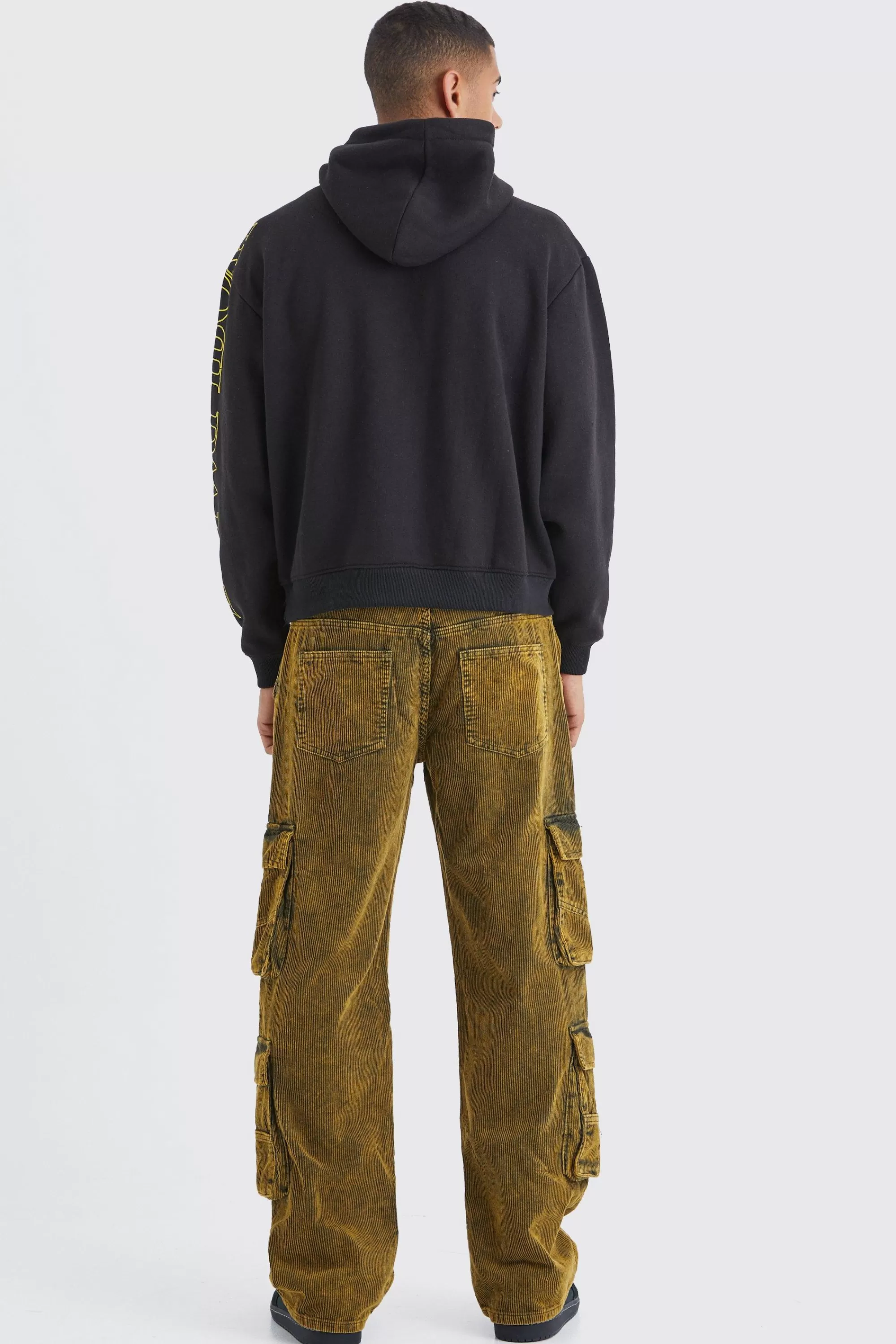 boohooMAN Baggy Multi Pocket Acid Wash Corduroy Cargo Trouser | UK