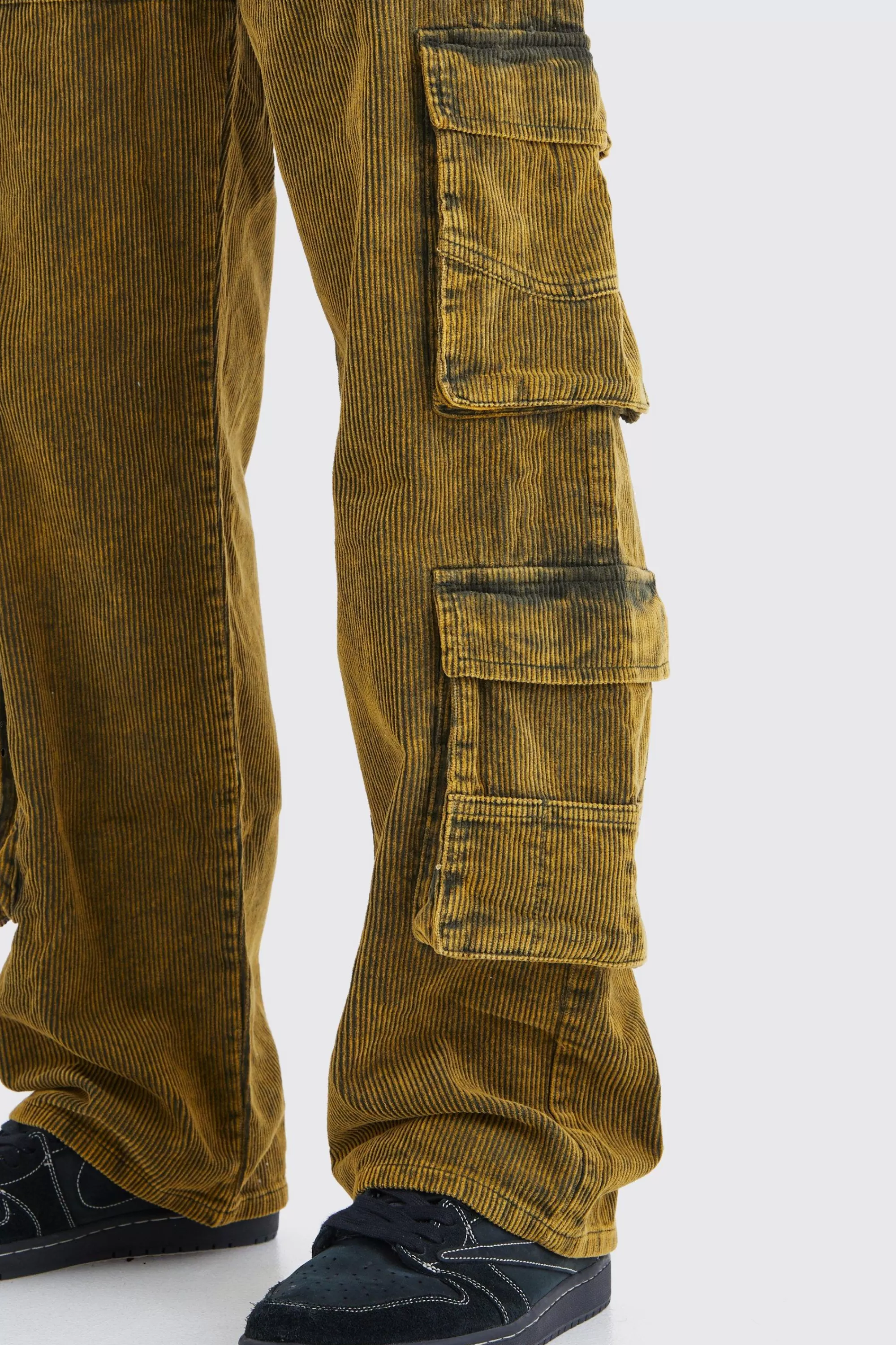 boohooMAN Baggy Multi Pocket Acid Wash Corduroy Cargo Trouser | UK