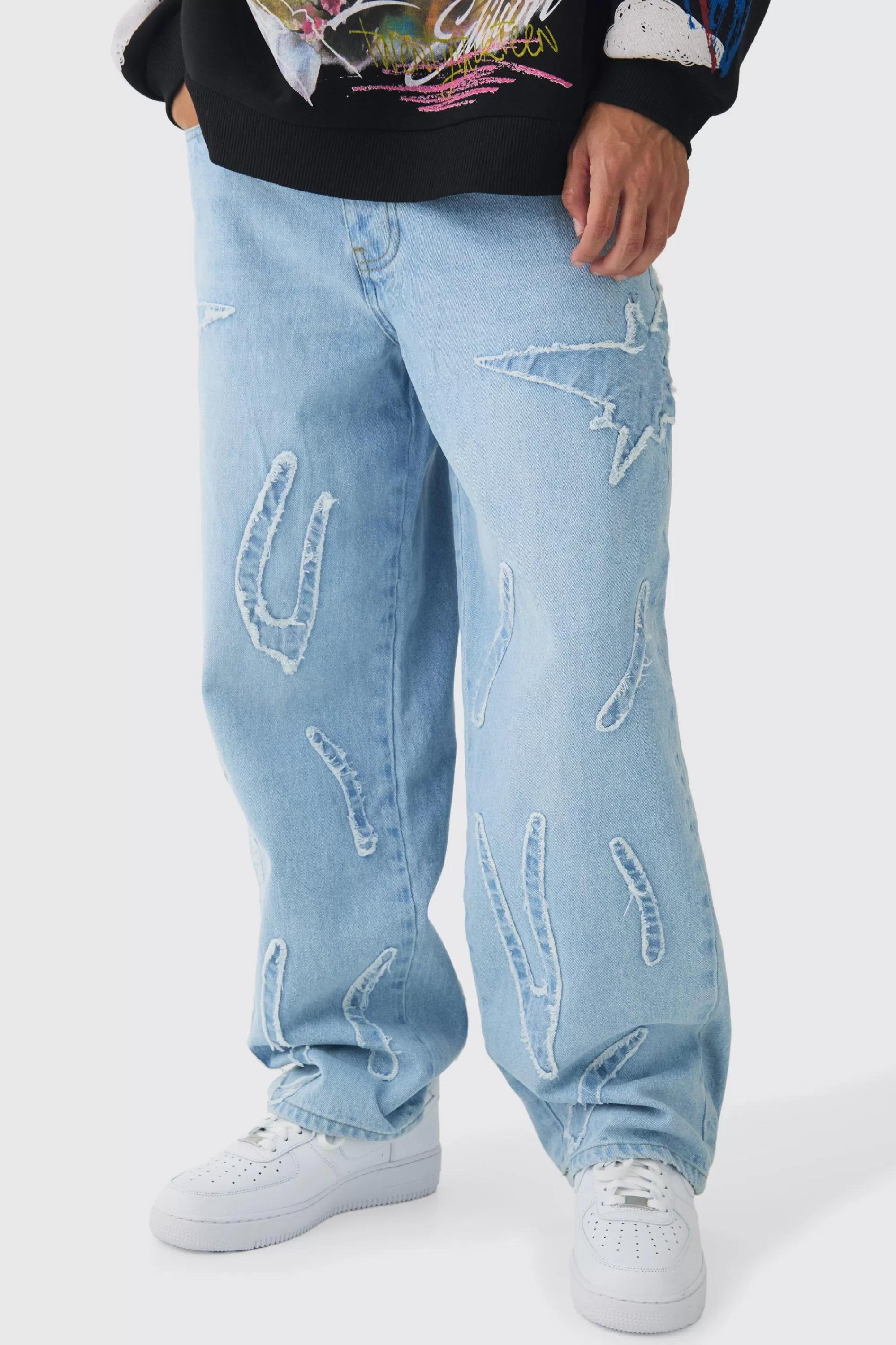 boohooMAN Baggy Rigid All Over Raw Edge Applique Jeans | UK