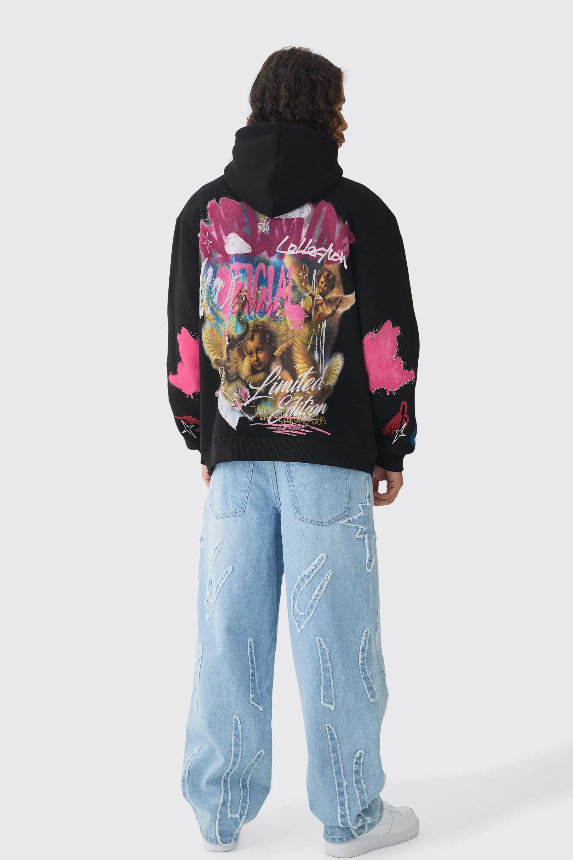 boohooMAN Baggy Rigid All Over Raw Edge Applique Jeans | UK
