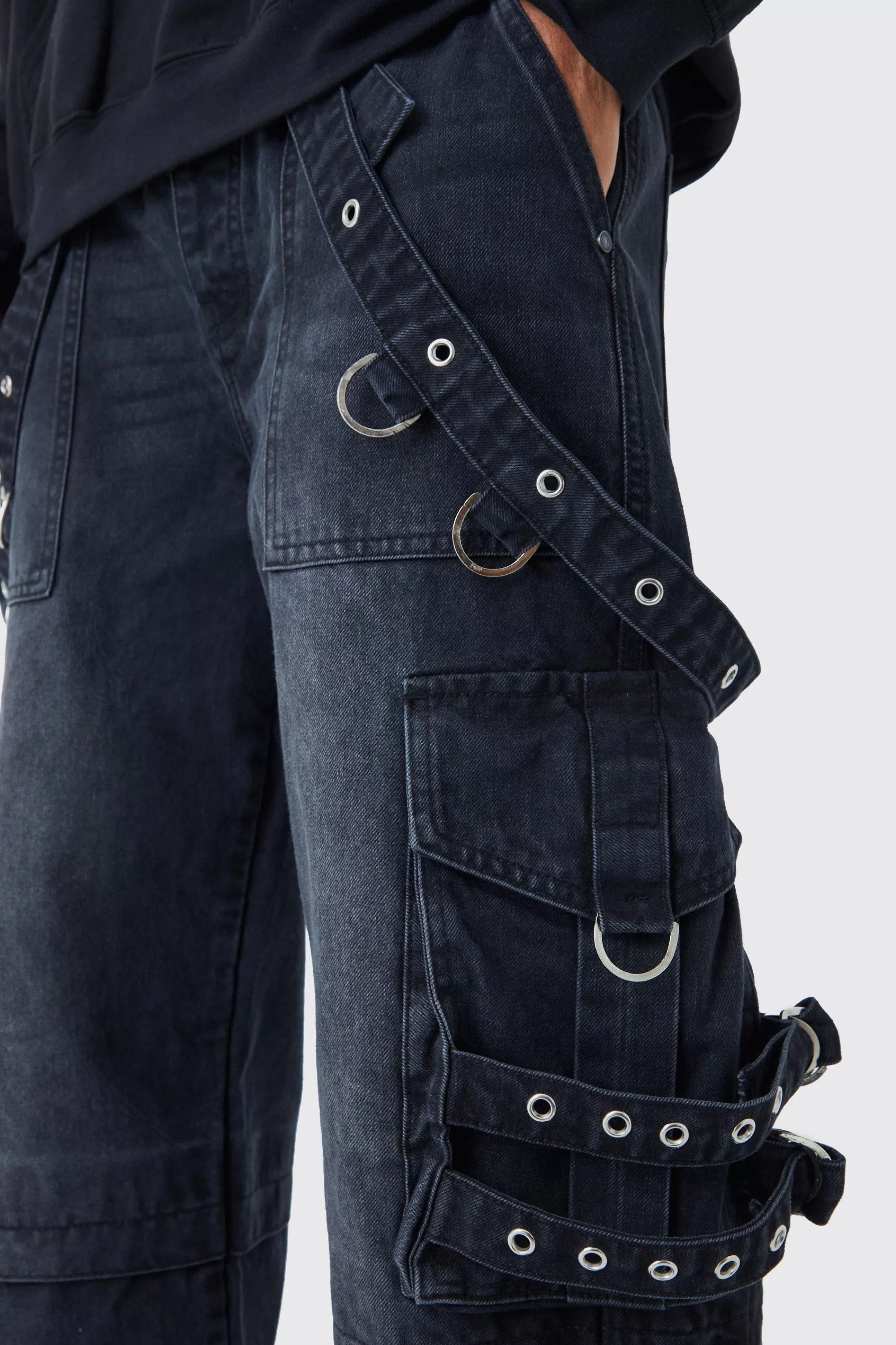 boohooMAN Baggy Rigid Cargo Strap Jeans In | UK