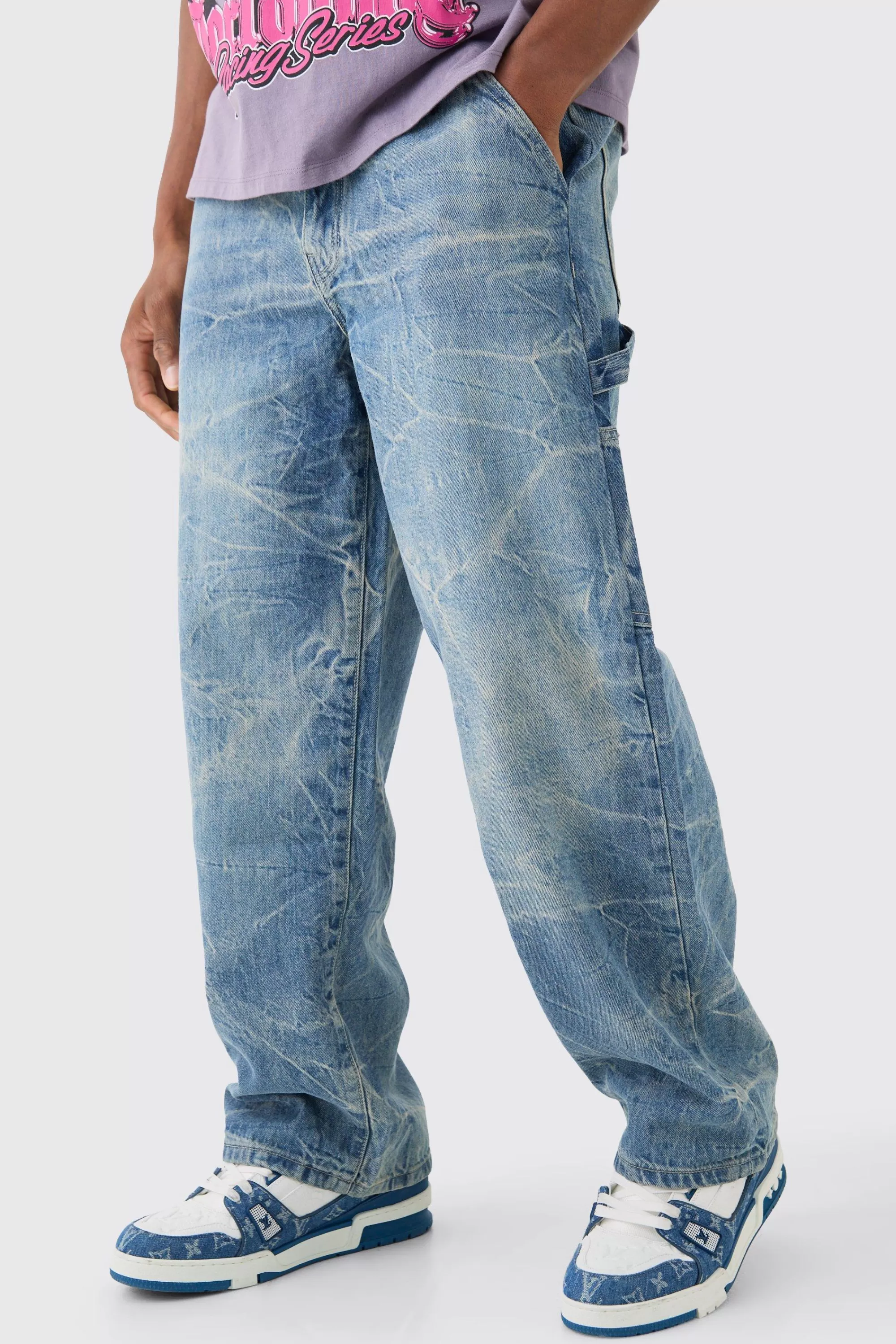boohooMAN Baggy Rigid Carpenter Crinkle Denim Jeans In | UK
