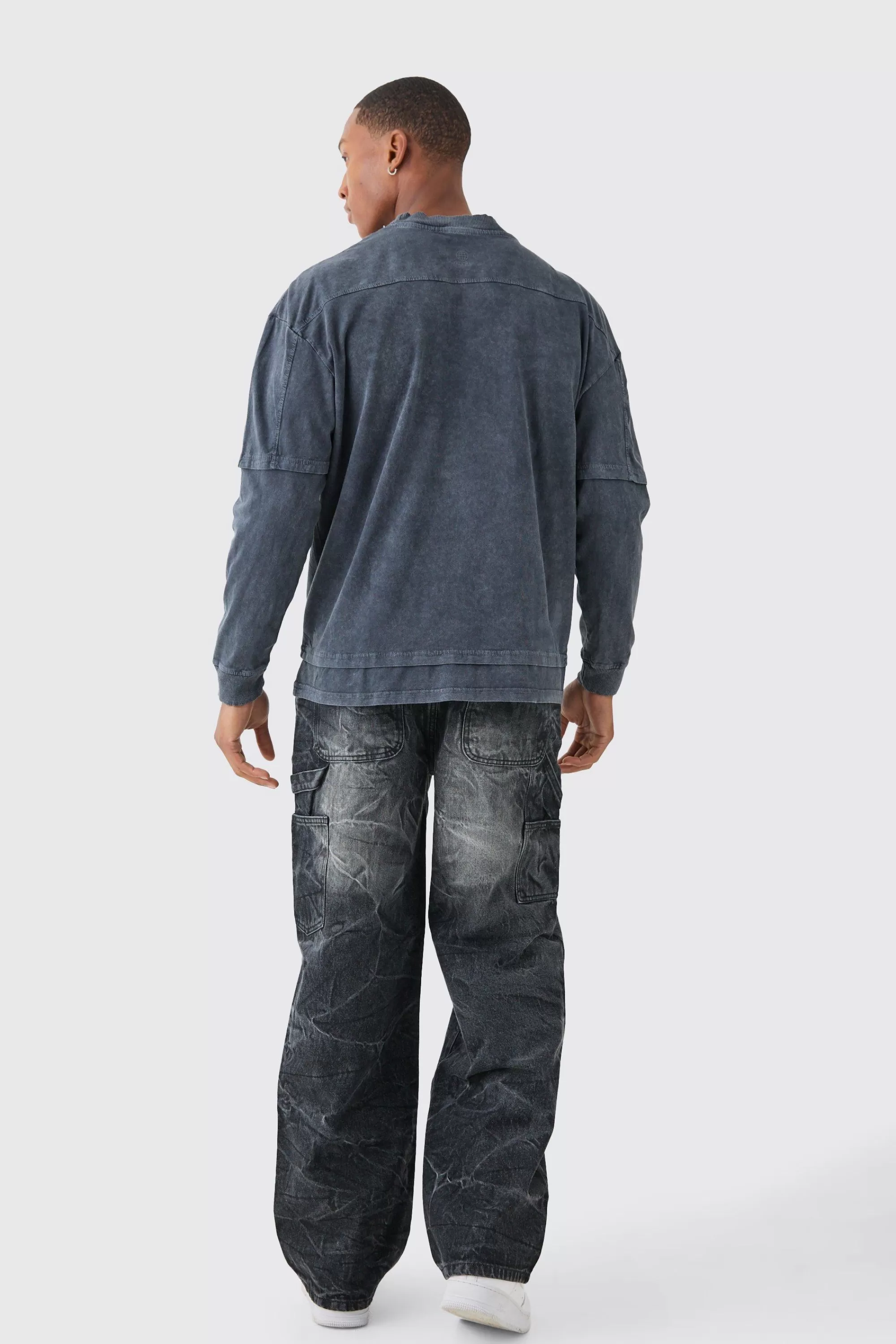 boohooMAN Baggy Rigid Carpenter Crinkle Denim Jeans In | UK