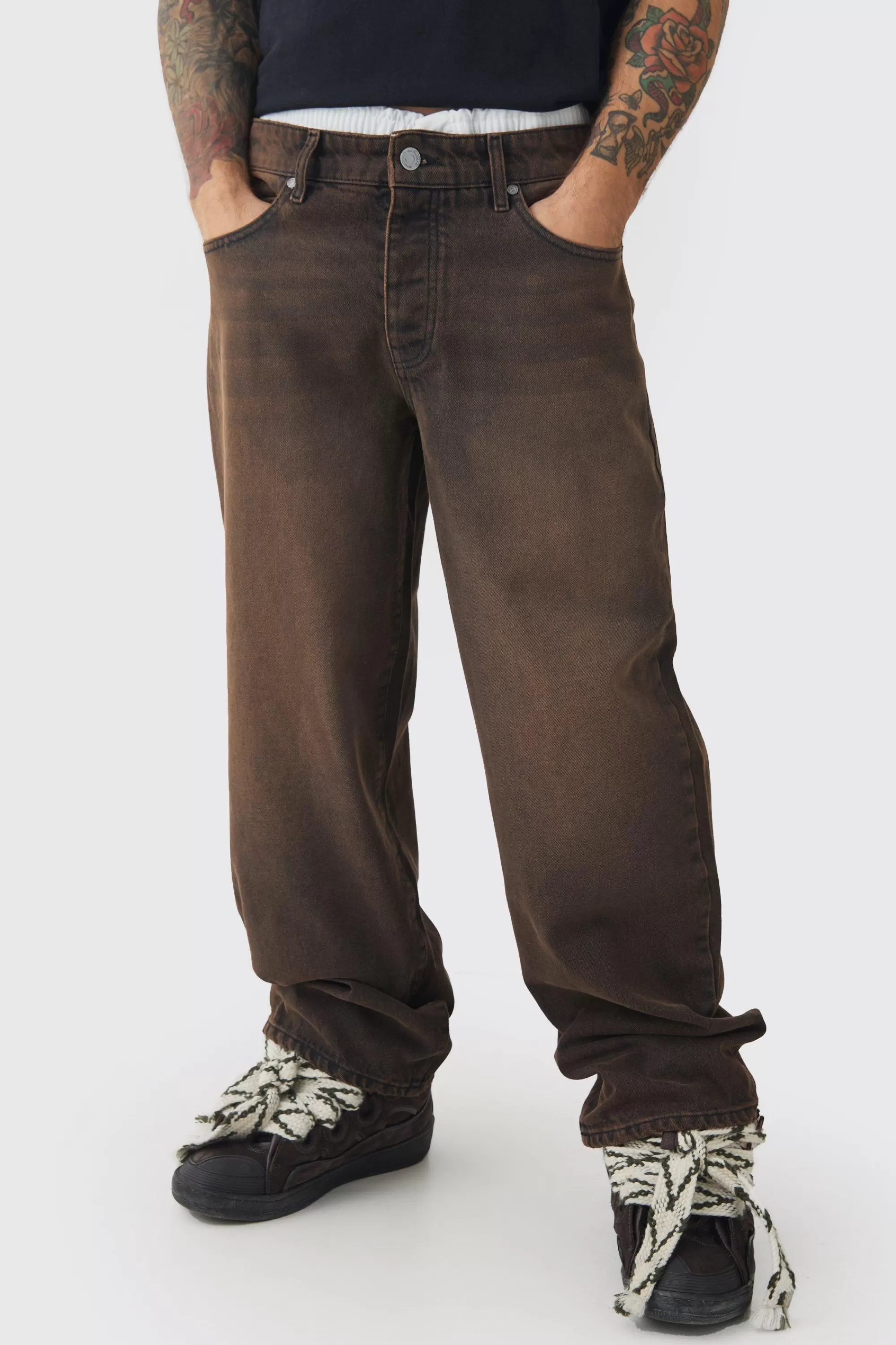 boohooMAN Baggy Rigid Double Waistband Denim Jeans In | UK