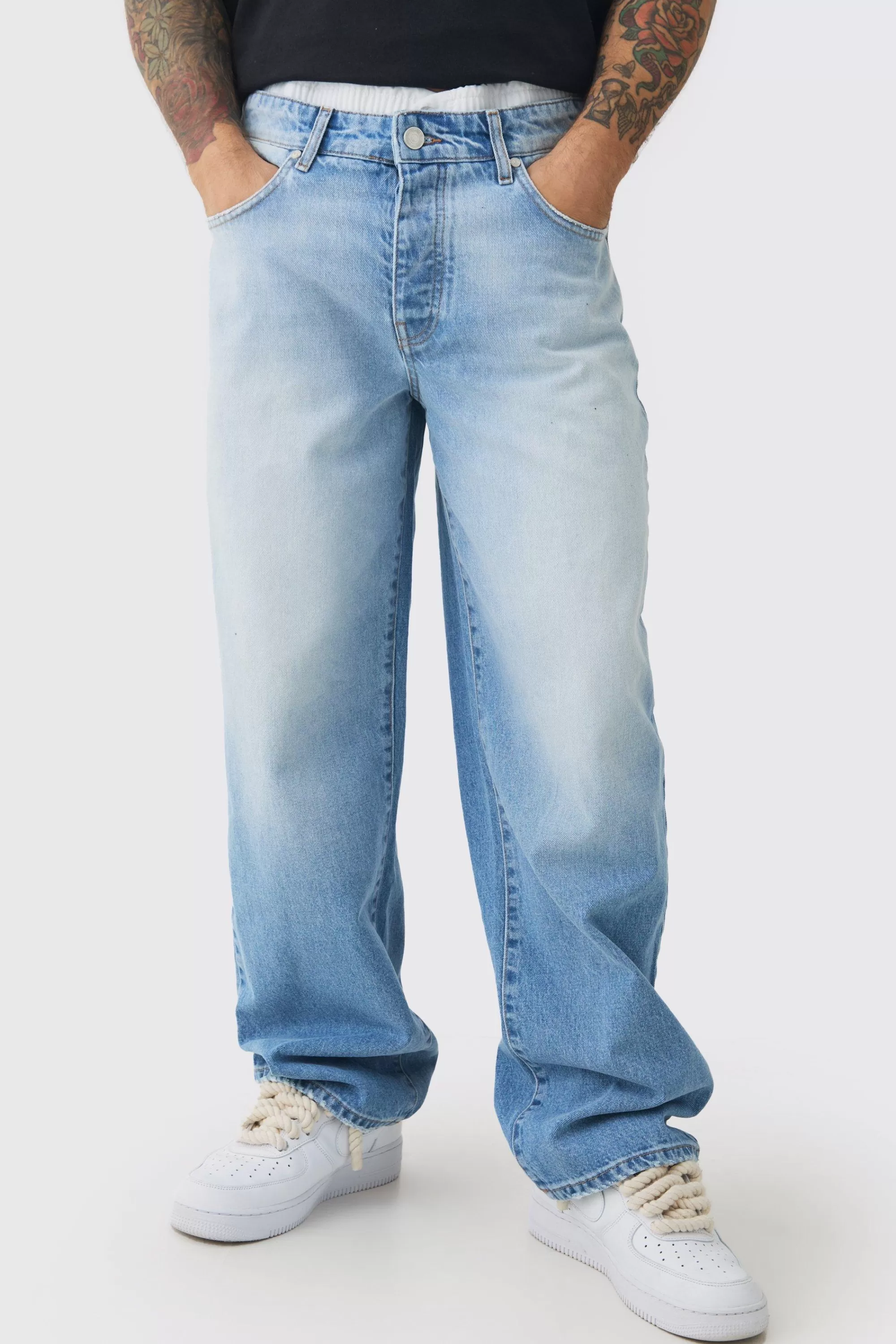 boohooMAN Baggy Rigid Double Waistband Denim Jeans In | UK
