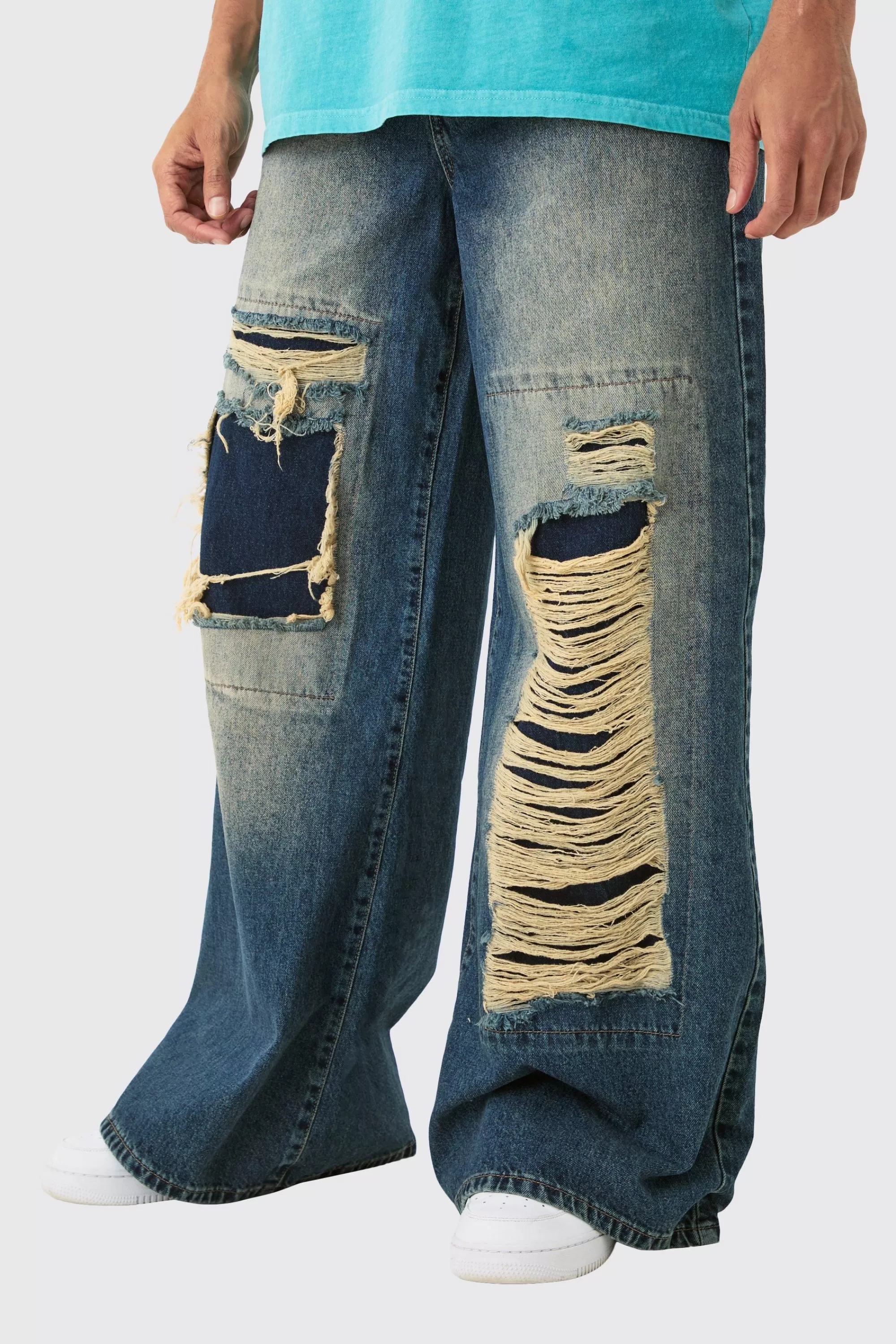 boohooMAN Baggy Rigid Extreme Ripped Denim Jean In | UK