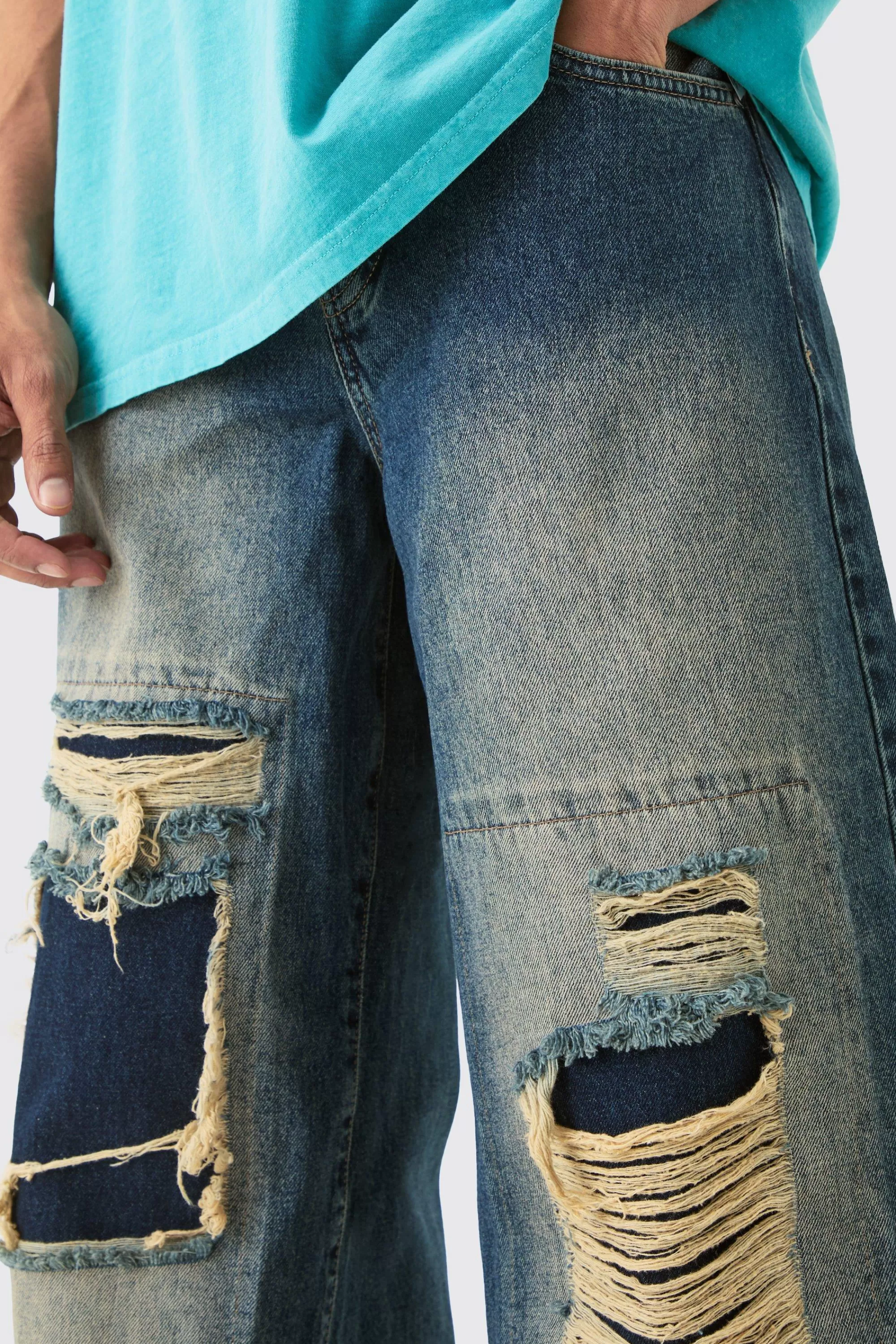 boohooMAN Baggy Rigid Extreme Ripped Denim Jean In | UK