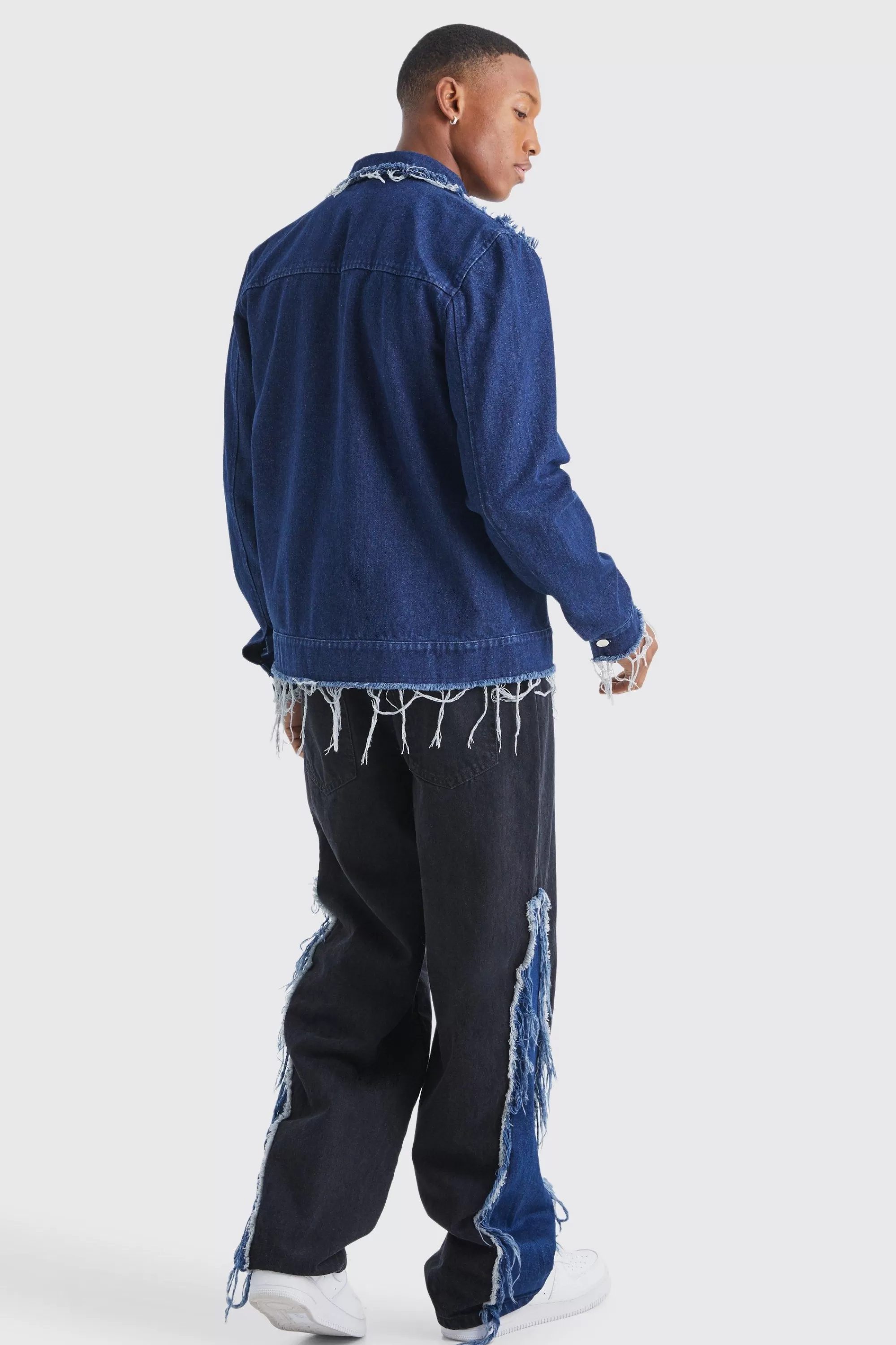 boohooMAN Baggy Rigid Frayed Spliced Jeans In | UK
