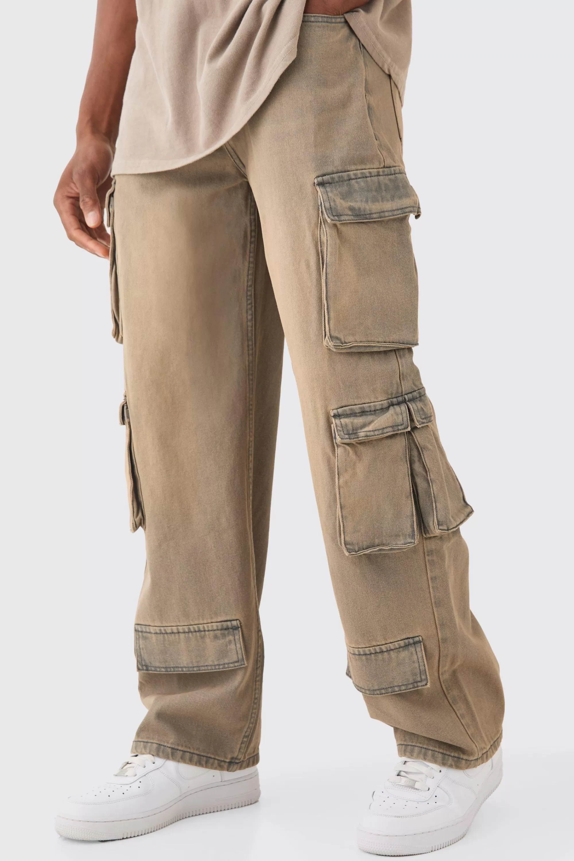 boohooMAN Baggy Rigid Tinted Multi Cargo Pocket Jeans | UK