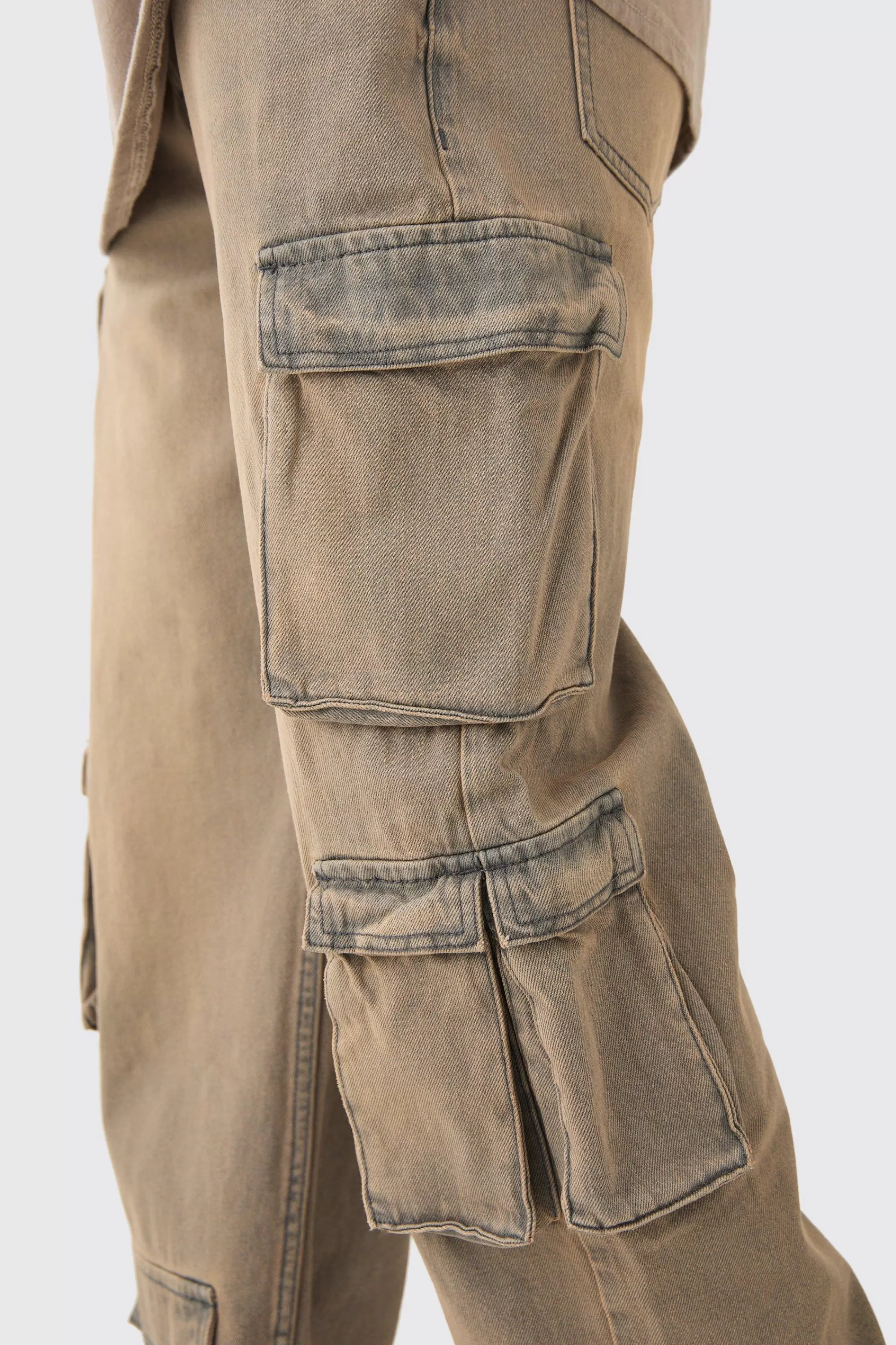 boohooMAN Baggy Rigid Tinted Multi Cargo Pocket Jeans | UK