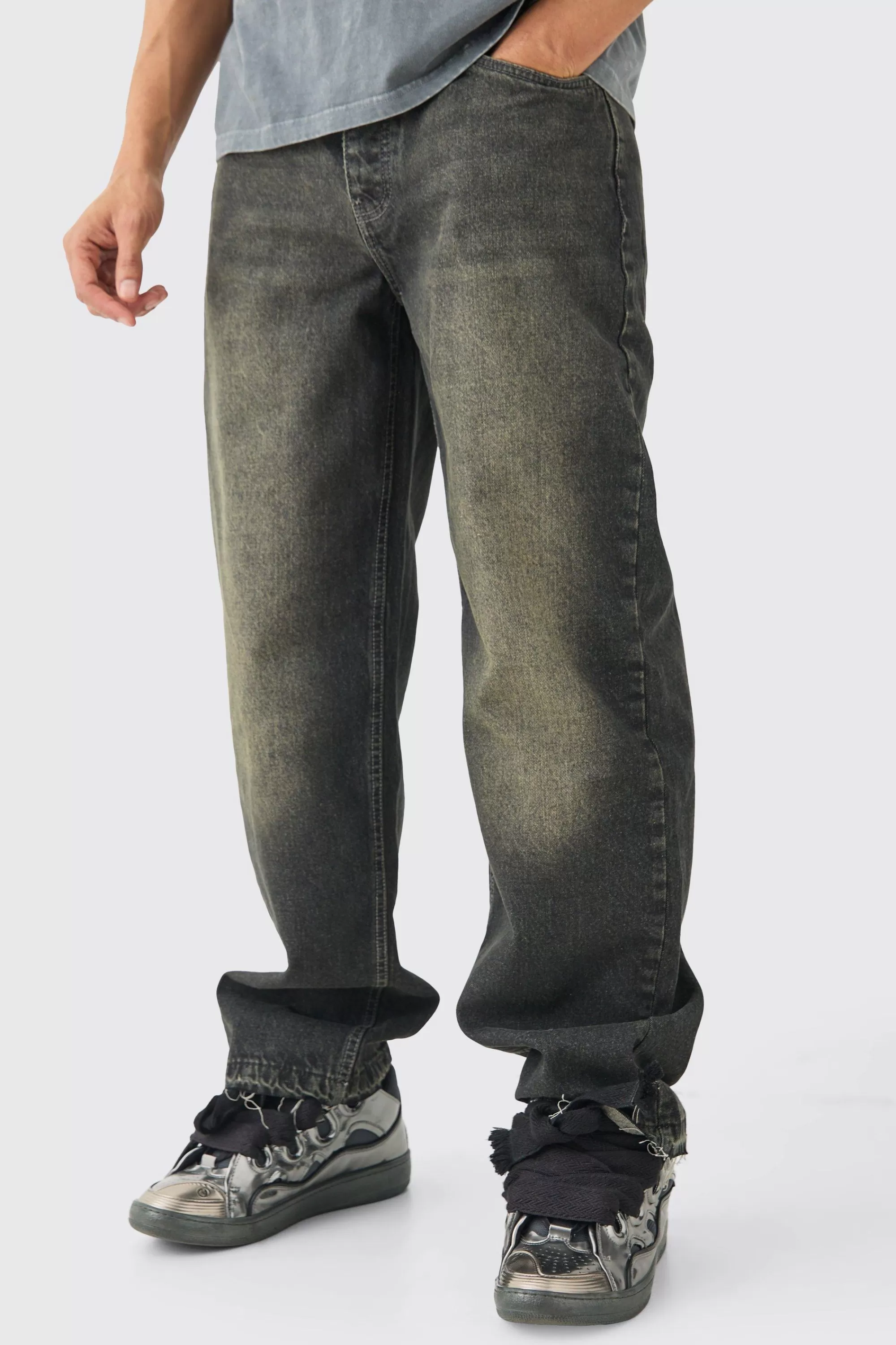 boohooMAN Baggy Rigid Jeans With Let Down Hem In | UK