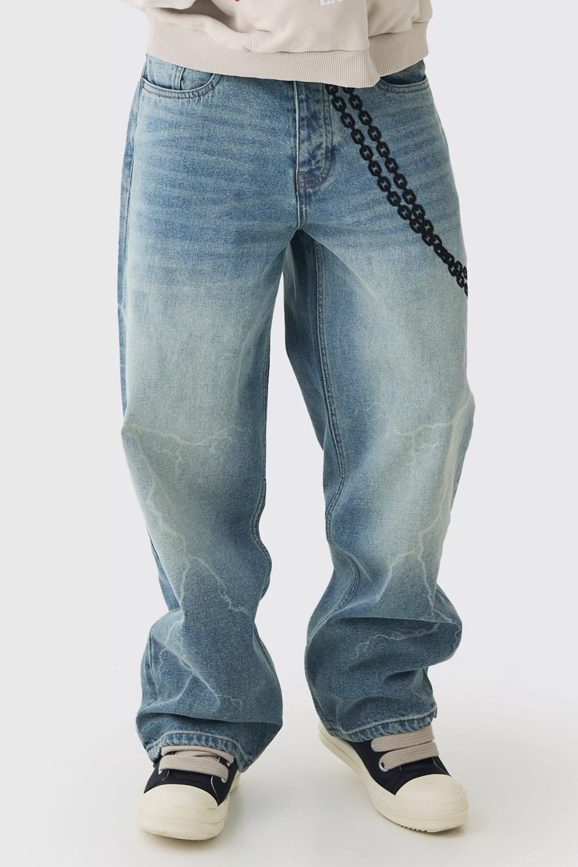 boohooMAN Baggy Rigid Laser Print Lightning Jeans | UK
