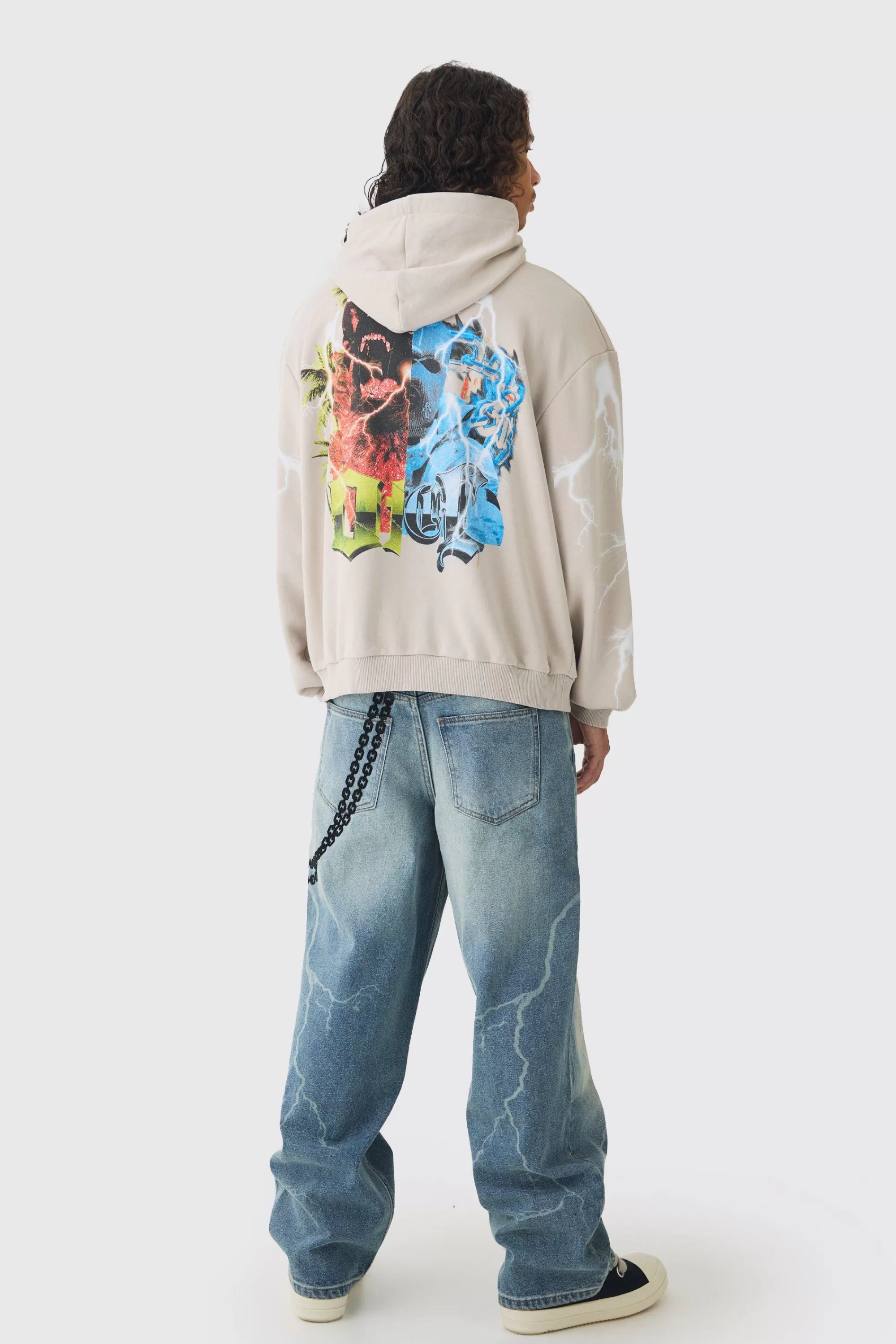 boohooMAN Baggy Rigid Laser Print Lightning Jeans | UK