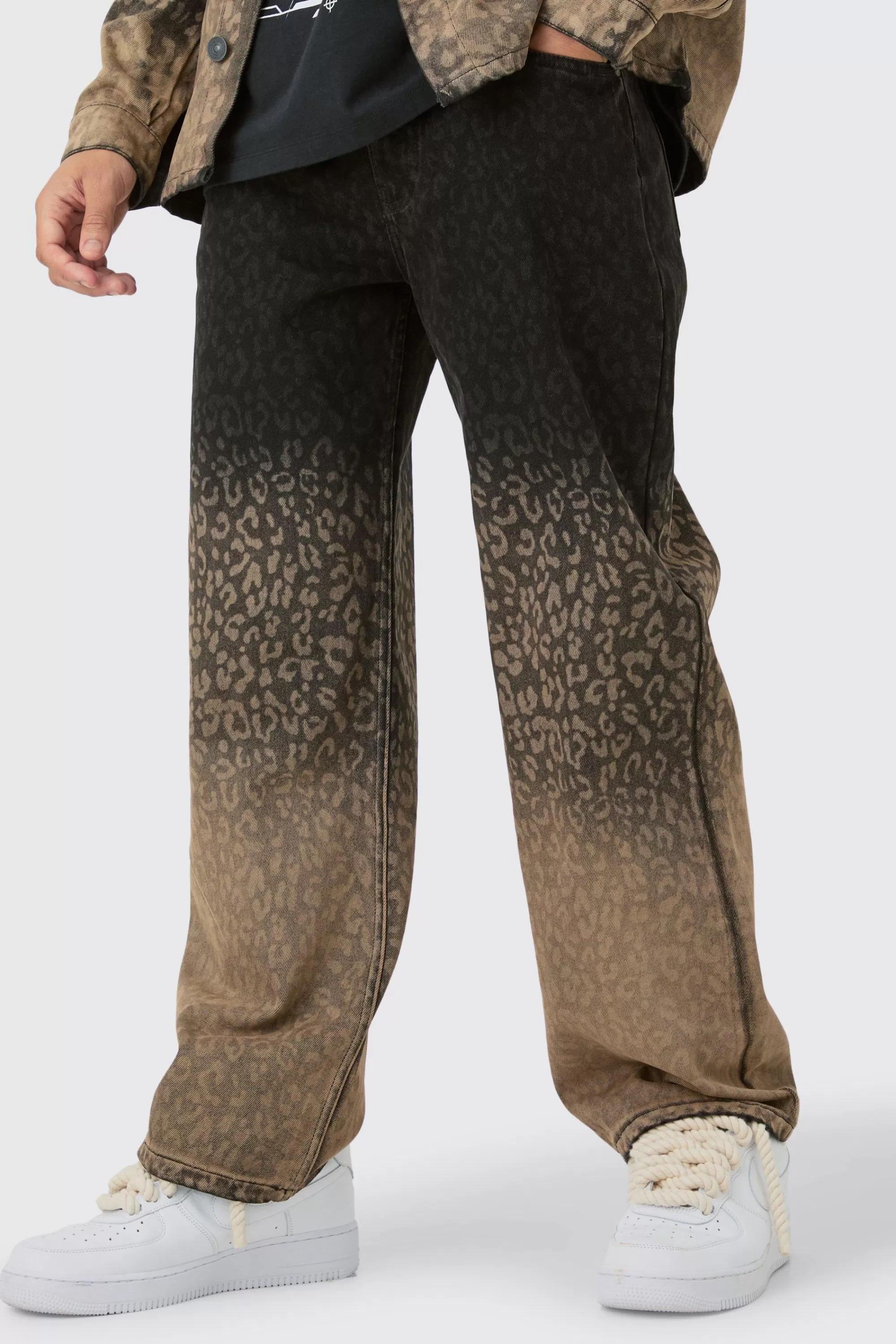 boohooMAN Baggy Rigid Leopard Print Jeans In Tinted | UK