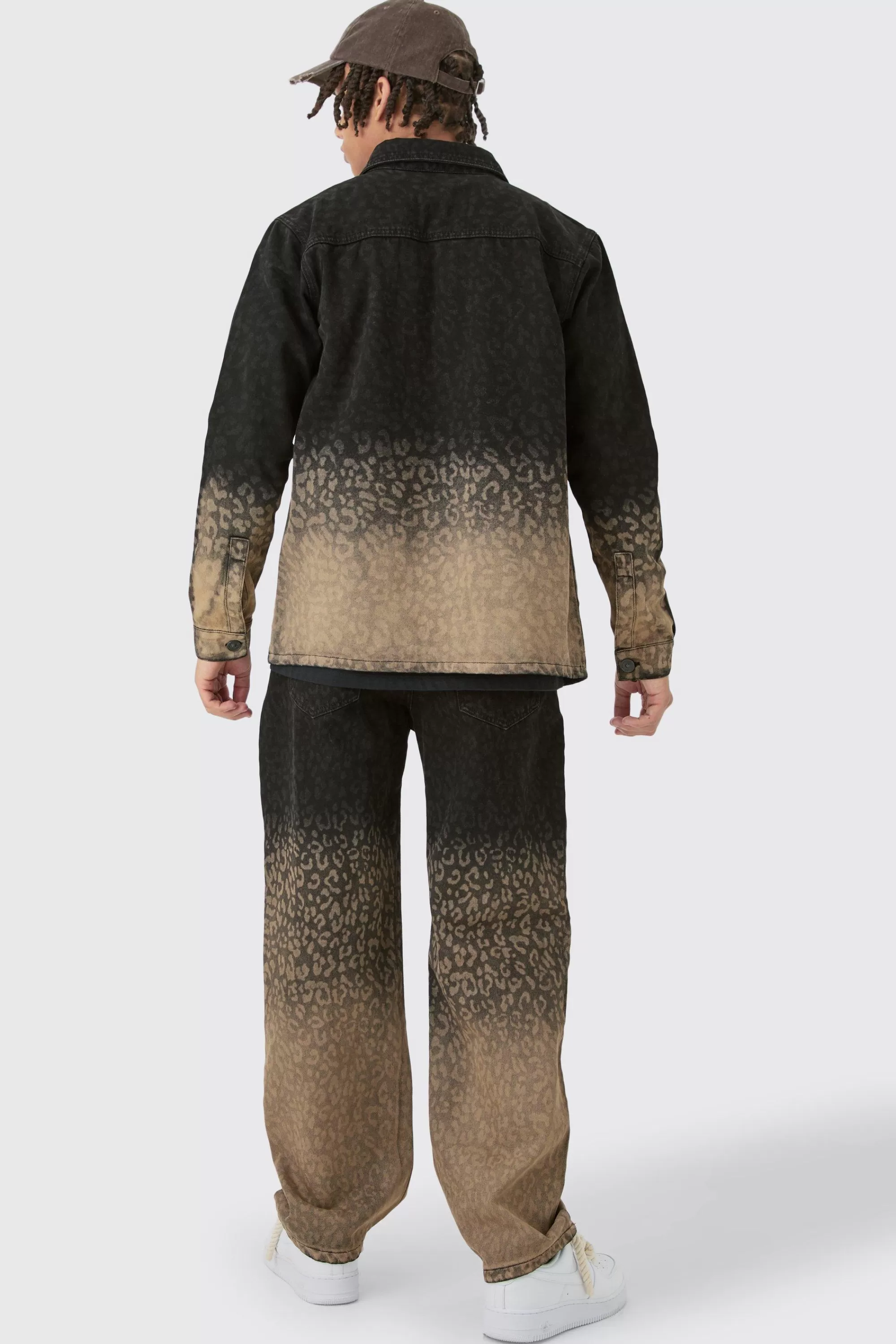 boohooMAN Baggy Rigid Leopard Print Jeans In Tinted | UK