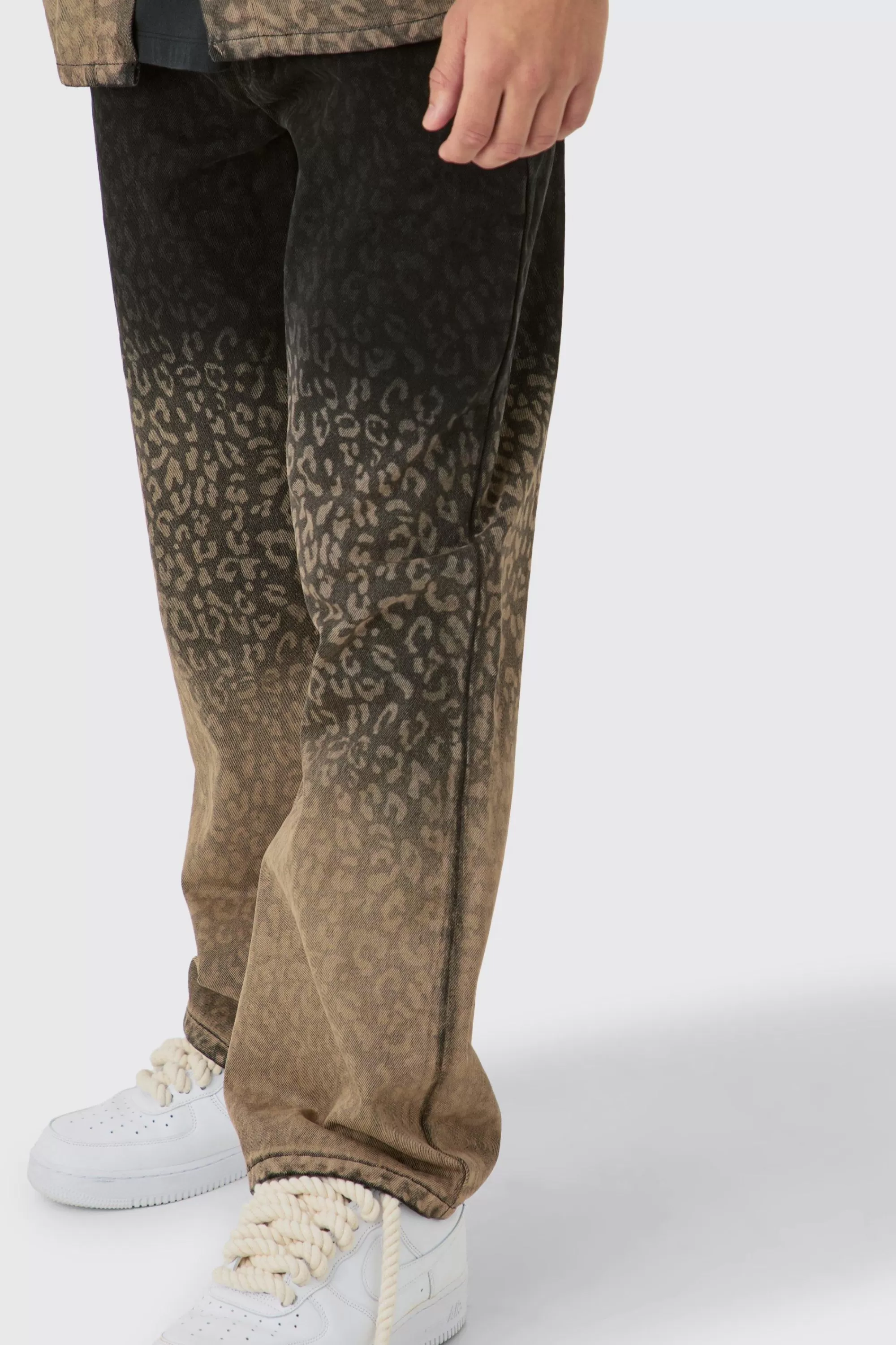boohooMAN Baggy Rigid Leopard Print Jeans In Tinted | UK