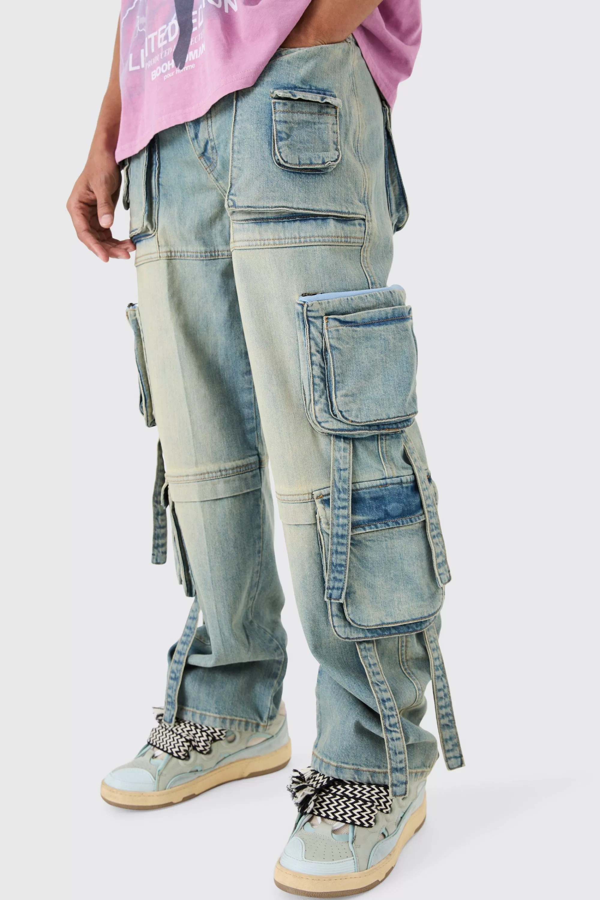 boohooMAN Baggy Rigid Mulit Pocket Cargo Strap Denim Jean In | UK