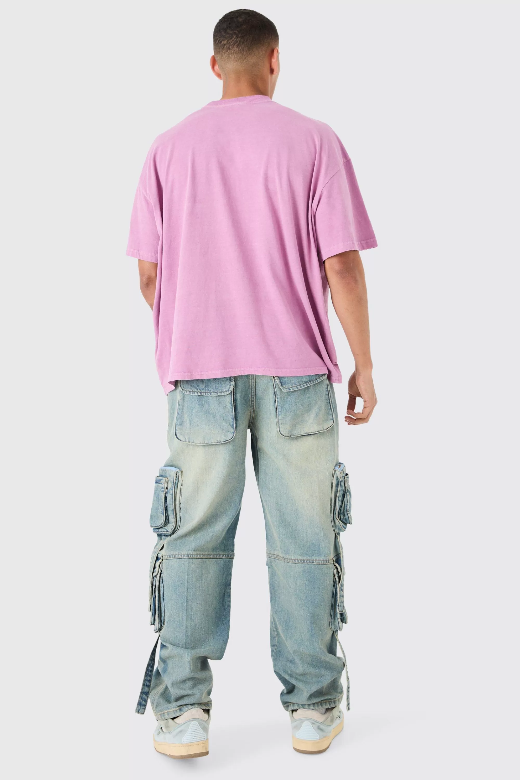 boohooMAN Baggy Rigid Mulit Pocket Cargo Strap Denim Jean In | UK
