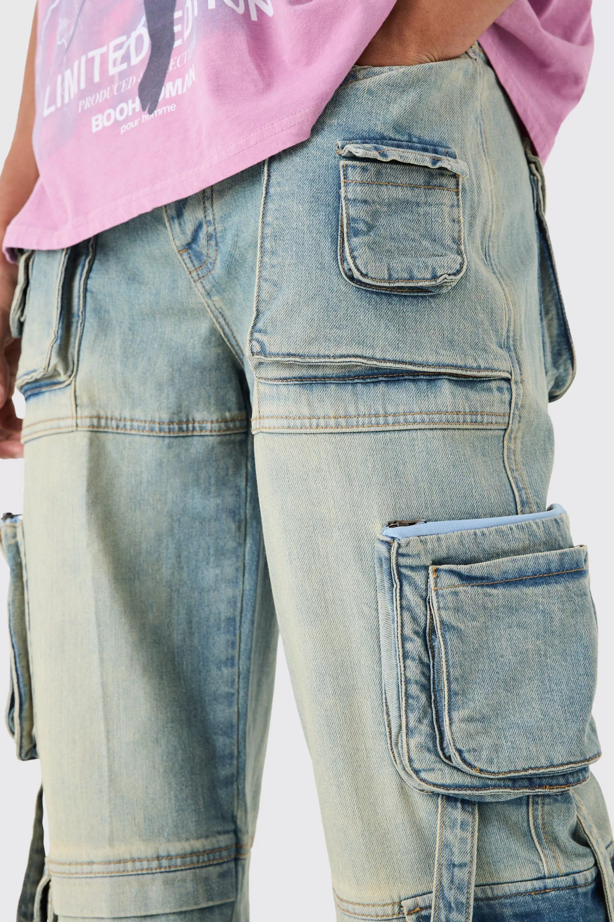 boohooMAN Baggy Rigid Mulit Pocket Cargo Strap Denim Jean In | UK