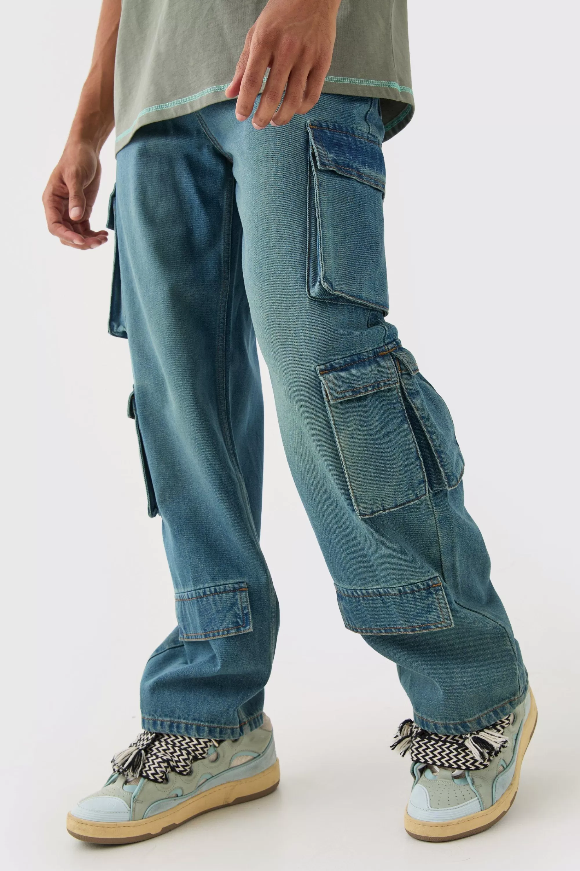 boohooMAN Baggy Rigid Multi Cargo Pocket Jeans In | UK