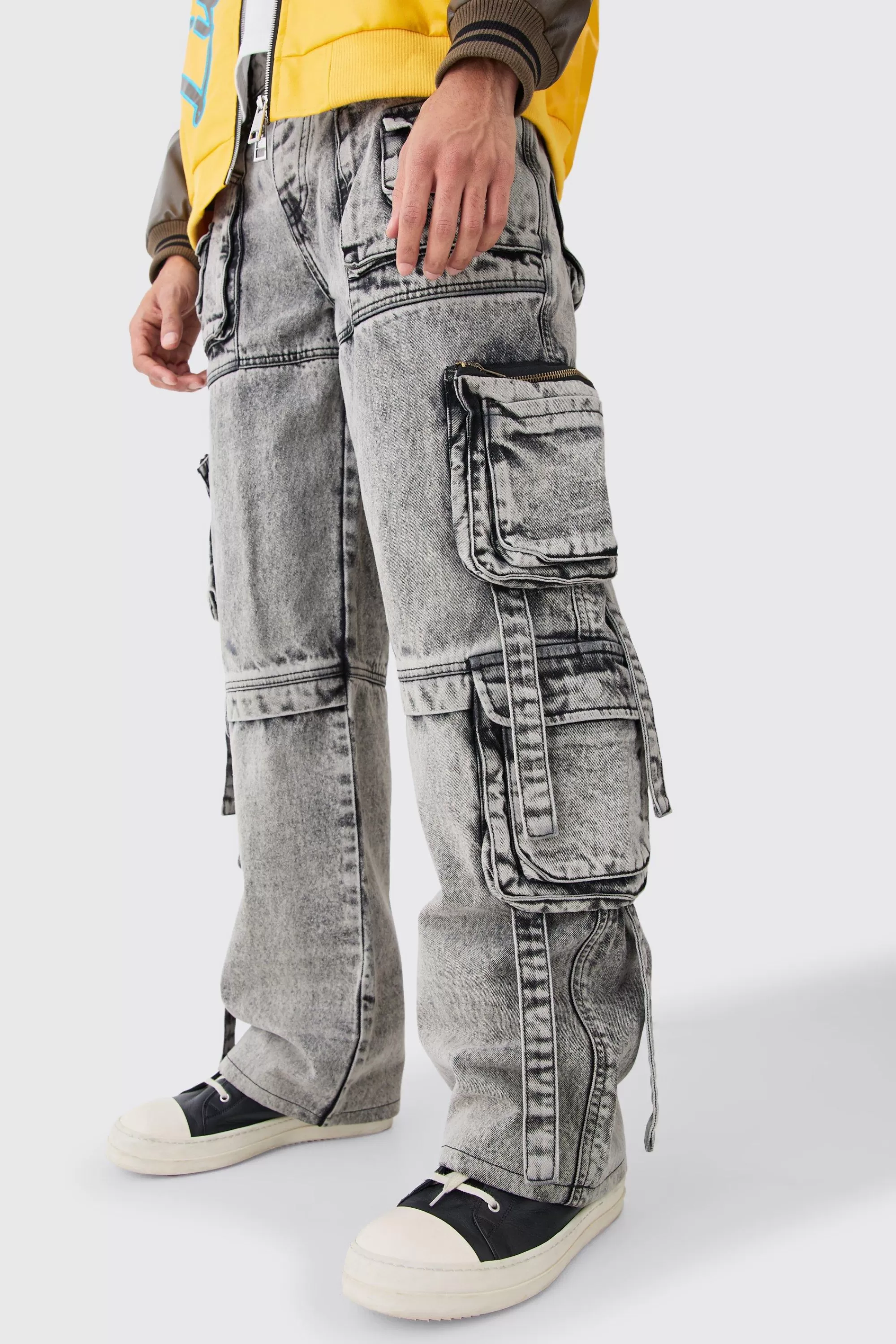 boohooMAN Baggy Rigid Multi Cargo Pocket Strap Detail Acid Wash Jeans | UK