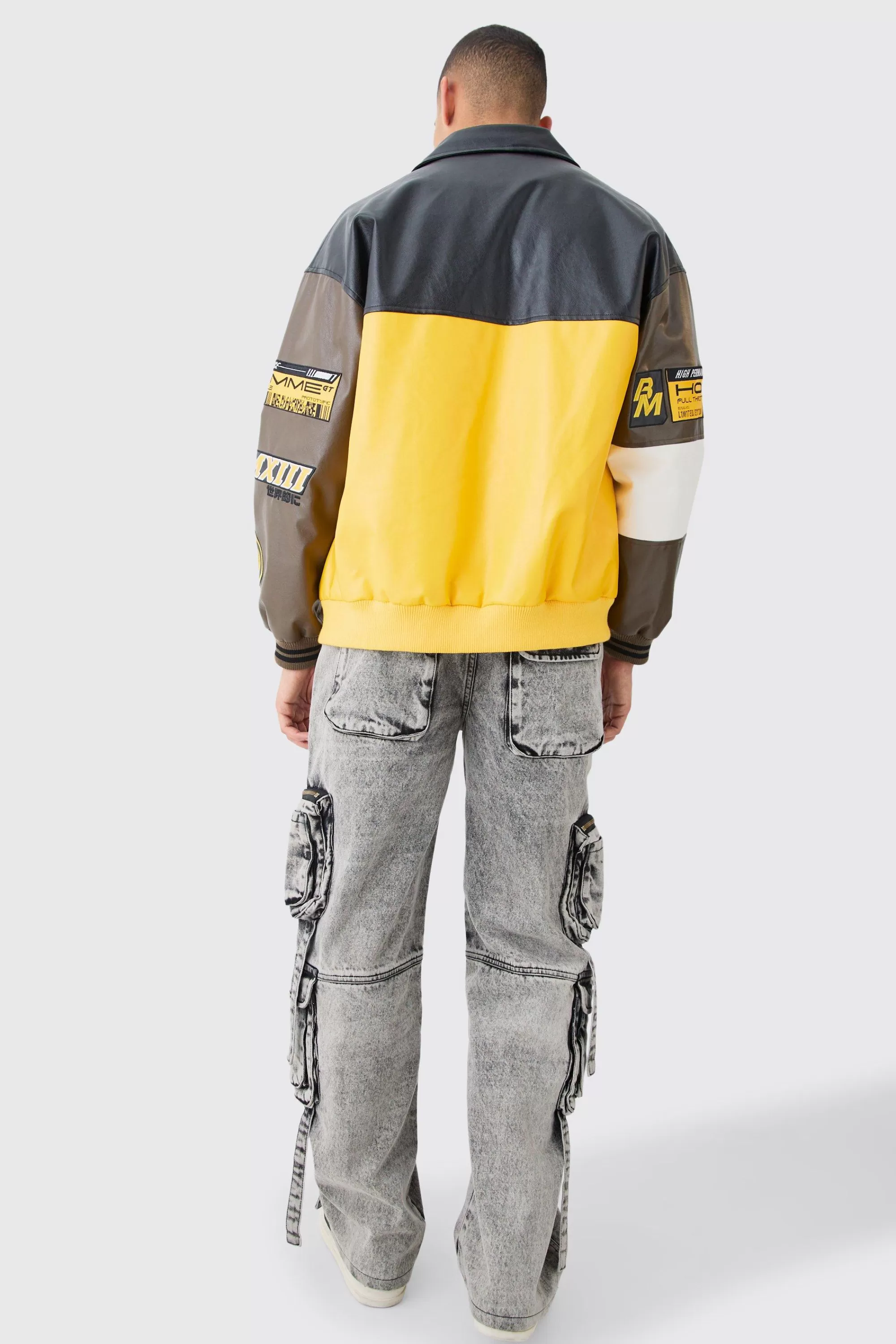 boohooMAN Baggy Rigid Multi Cargo Pocket Strap Detail Acid Wash Jeans | UK